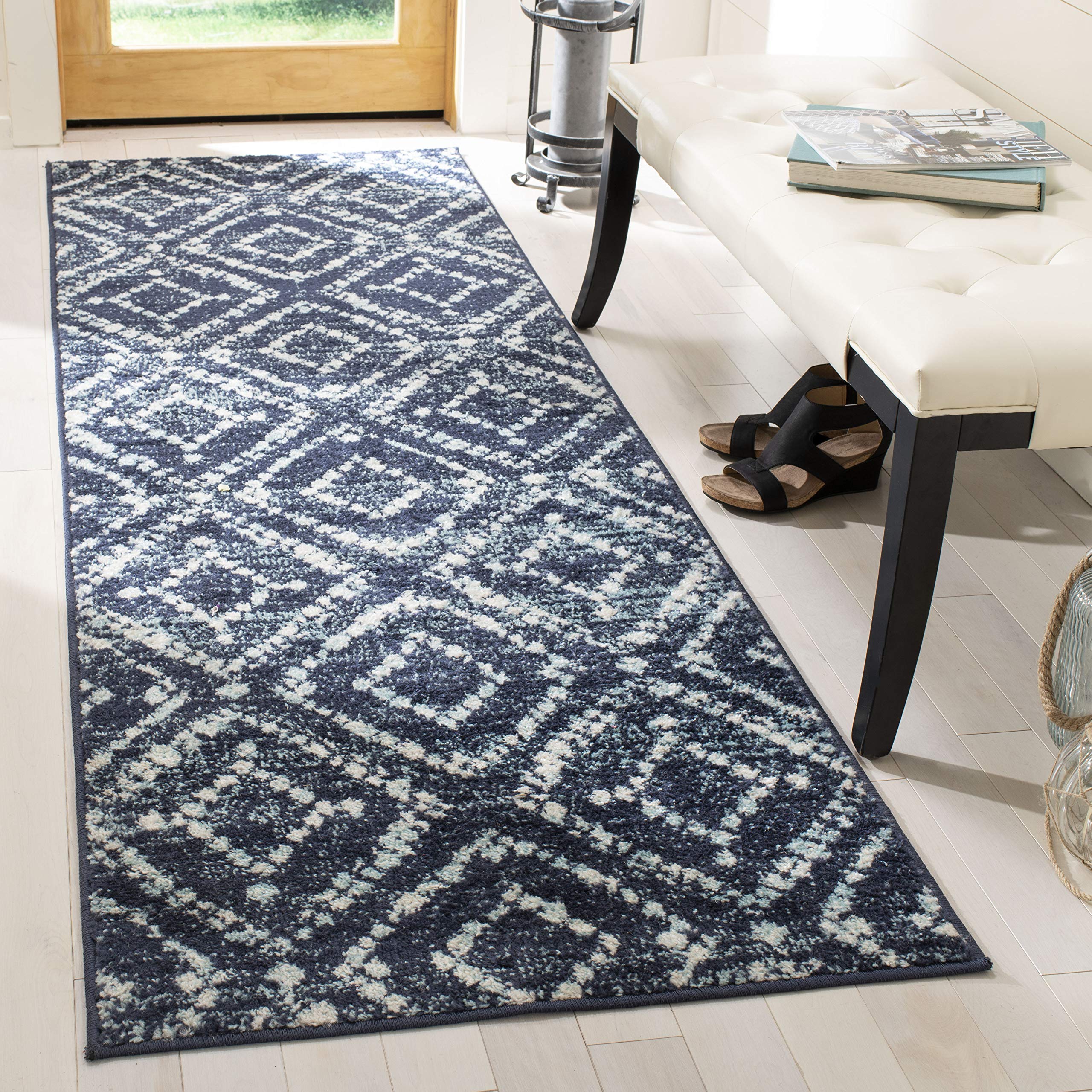 SAFAVIEH Adirondack Collection Runner Rug - 26 x 6, Navy & Ivory, Modern Diamond Distressed Design, Non-Shedding & Easy Care, 