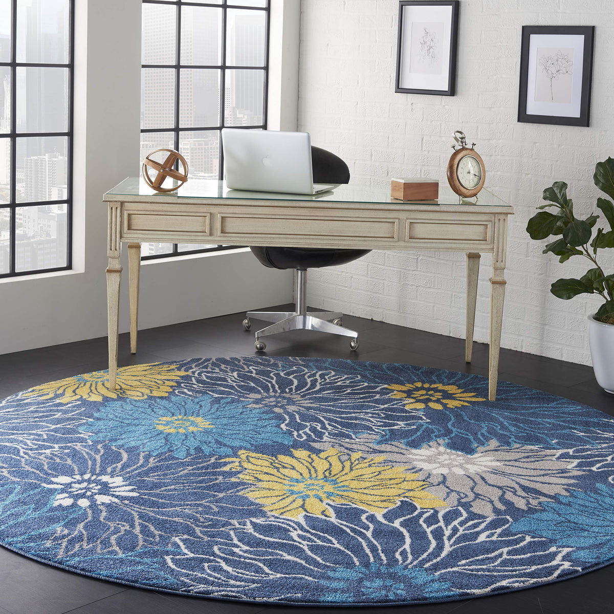 Nourison Passion Blue 8' X Round Area Rug, Floral, Farmhouse, Easy Cleaning, Non Shedding, Bed Room, Living Room, Dining Room, K