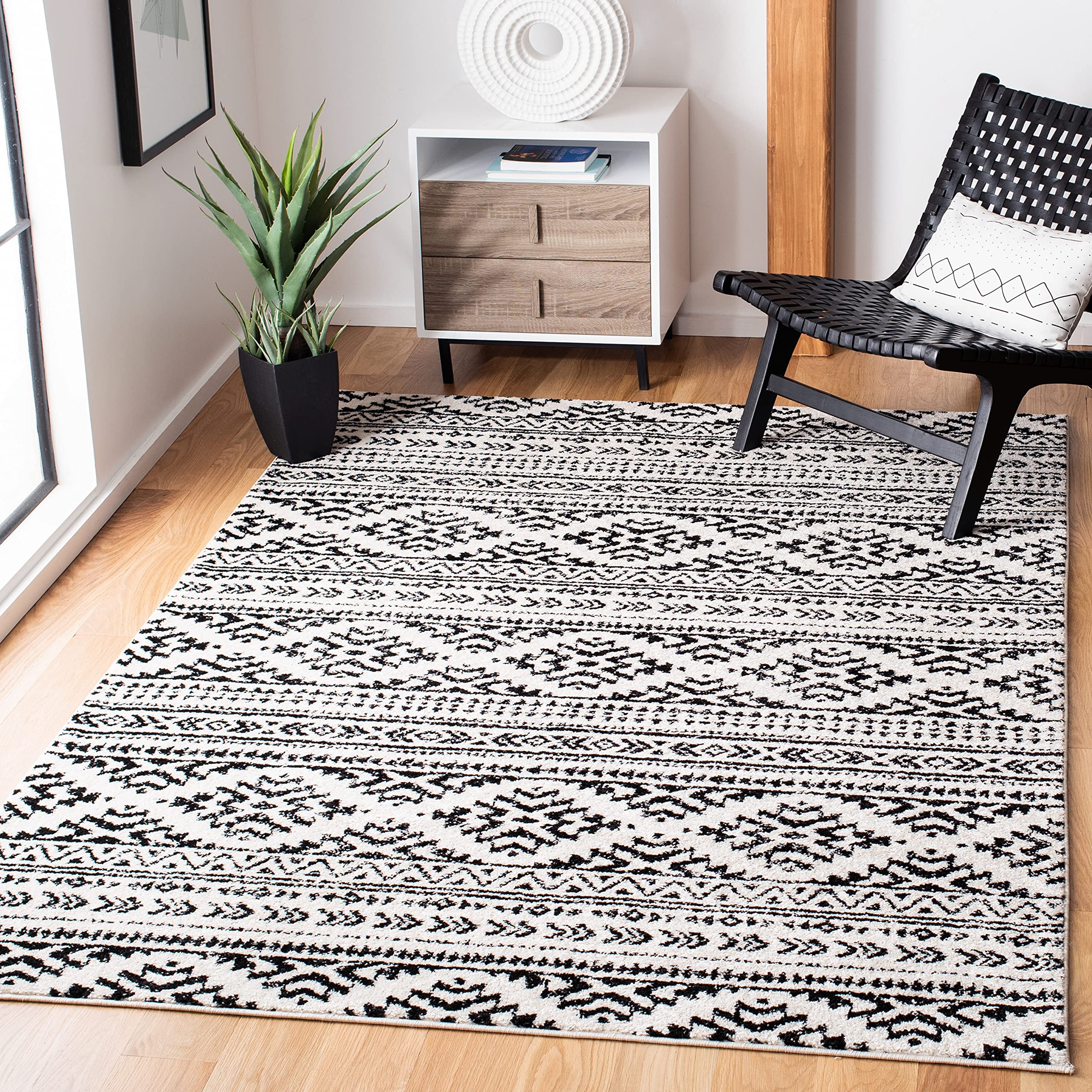 SAFAVIEH Tulum Collection Area Rug - 12 Square, Ivory & Black, Moroccan Boho Tribal Design, Non-Shedding & Easy Care, Ideal for