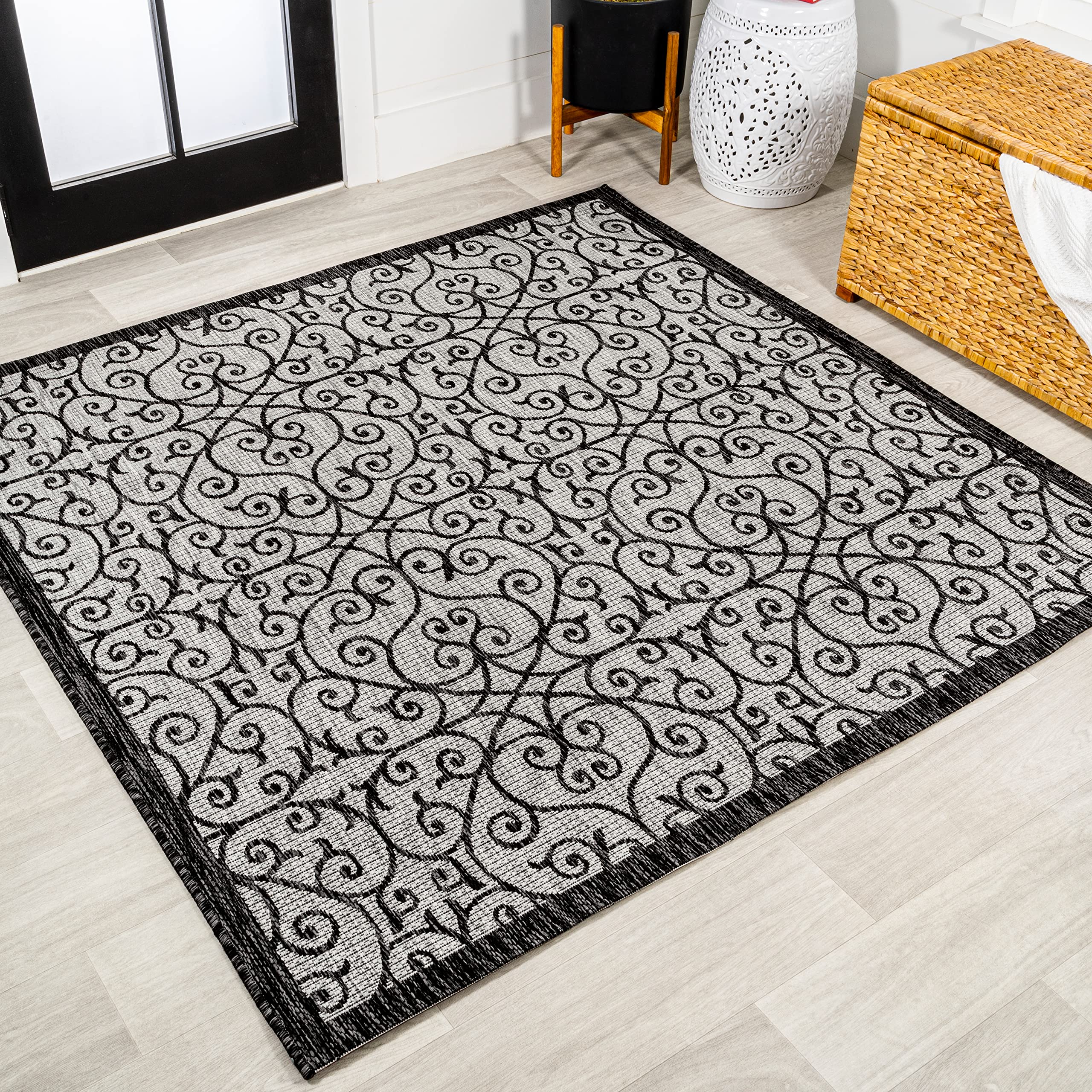 JONATHAN Y SMB107E-8SQ Madrid Vintage Filigree Textured Weave Light Gray/Black 8 Square Indoor/Outdoor Area Rug, Pet Friendly, 