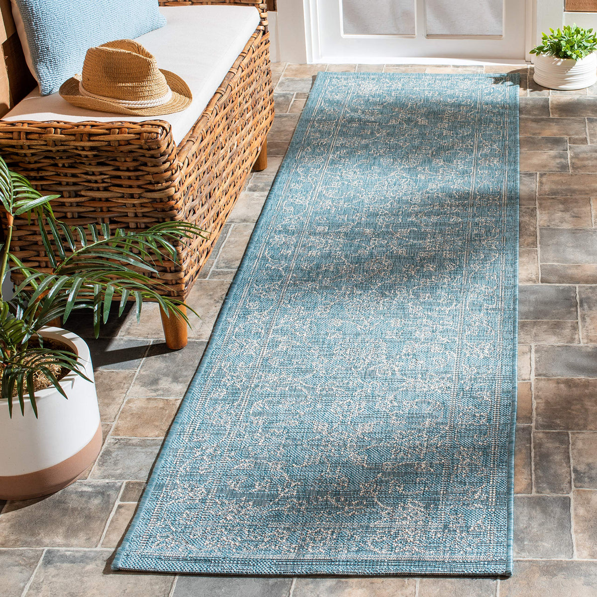 Safavieh Courtyard Collection 2'3' X 8' Aqua/Grey Cy8680 Indoor-Outdoor Waterproof Easy-Cleaning Patio Backyard Mudroom Runner-