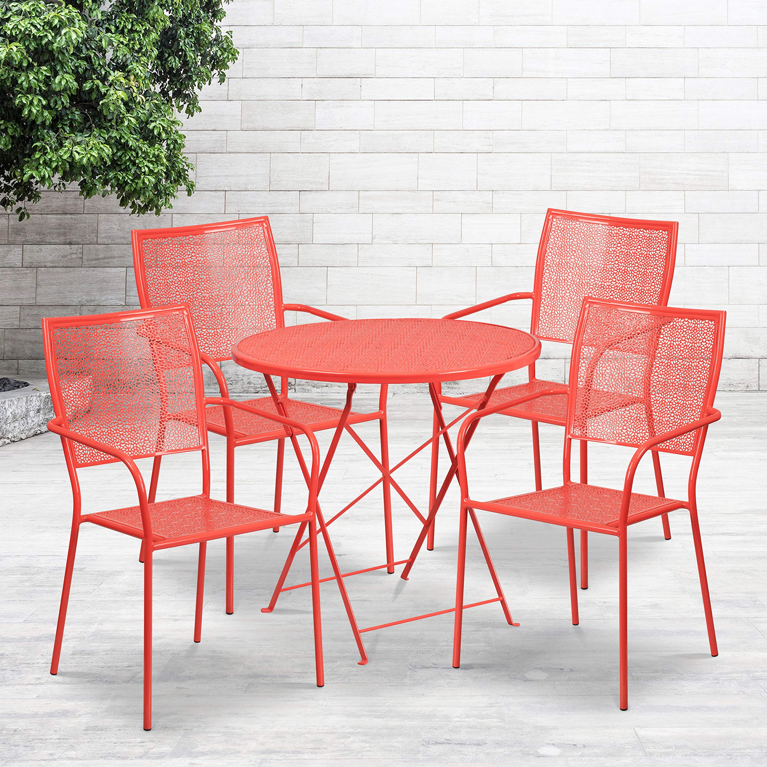 Flash Furniture Oia Commercial Grade 30&quot; Round Coral Indoor-Outdoor Steel Folding Patio Table Set with 4 Square Back Chairs