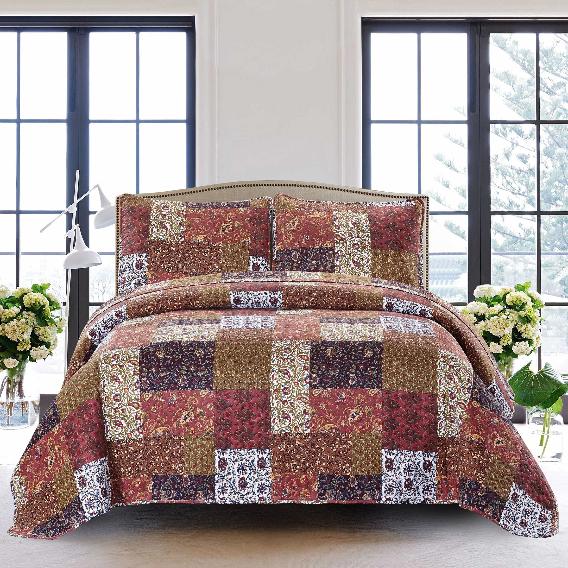 Slpr Red Riches 3-Piece Quilt Set - Queen Size With 2 Shams, Autumn Patchwork Design, Red Toned Lightweight Quilted Bedspread, F