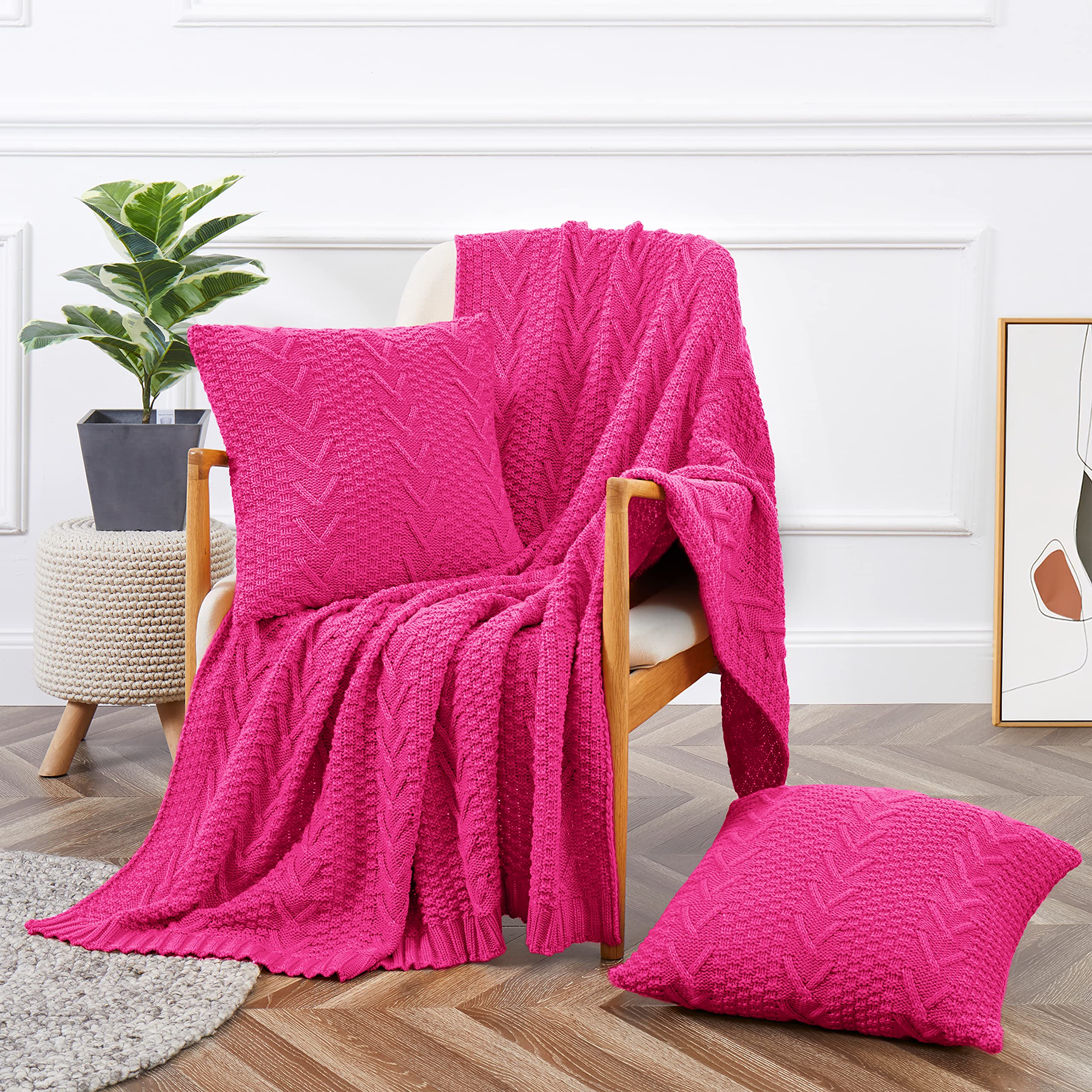 Aormenzy Knitted Throw Blanket (50' X 60') And 2 Pillow Covers (18' X 18'), 3 Piece Hot Pink Throw Blanket Set, Decorative T