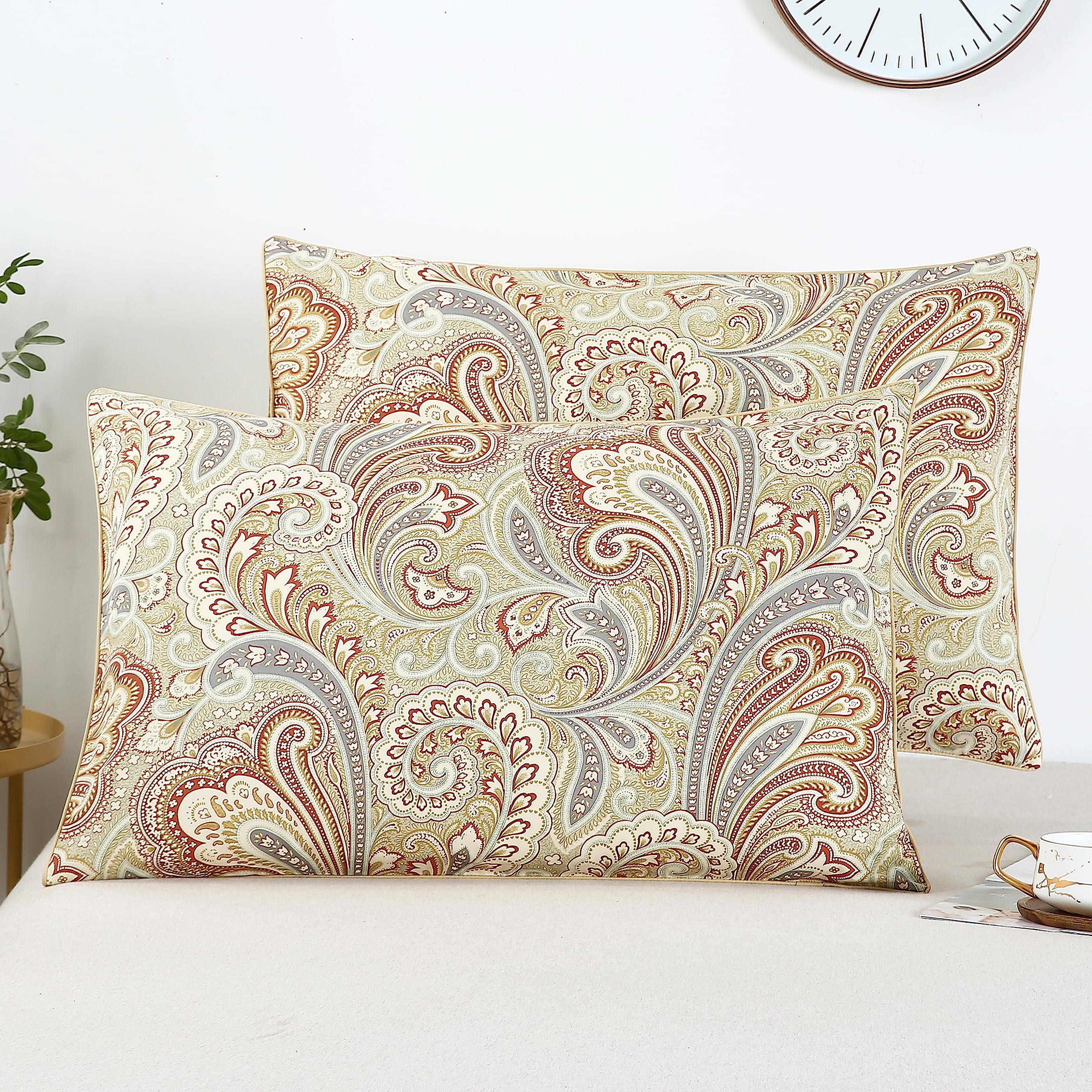 Winlife 100% Cotton Pillowcases 1000 Thread Count Floral Printed Pillow Cases Set Of 2 Pillow Cover (Queen 20X30', Camel Paisle