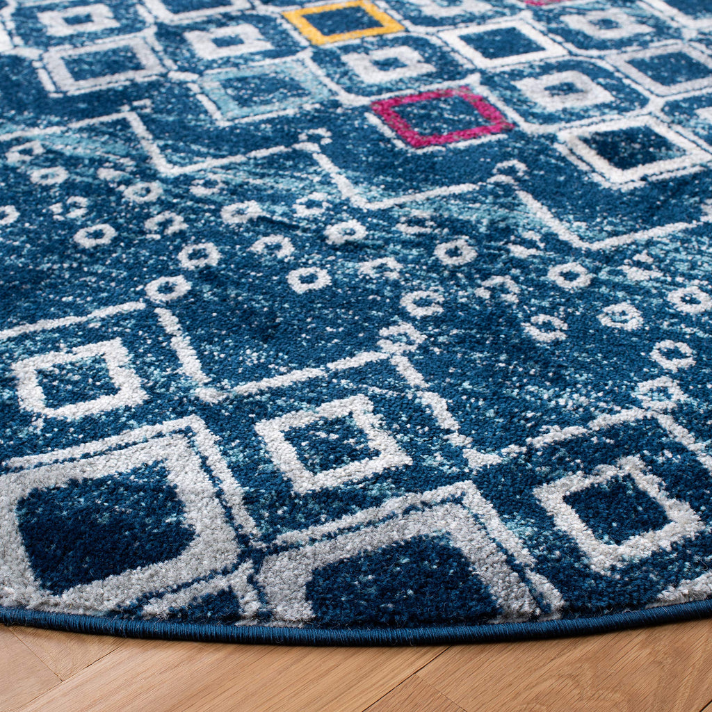 Safavieh Amsterdam Collection Area Rug - 5'1'' Round, Navy & Turquoise, Moroccan Boho Design, Non-Shedding & Easy Care, Ideal Fo