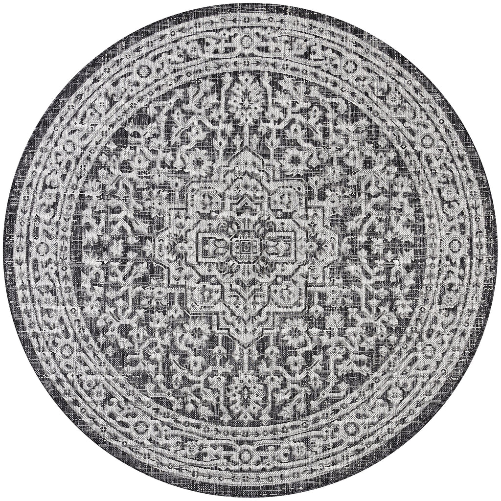 Jonathan Y Smb101D-5R Sinjuri Medallion Textured Weave Indoor Outdoor Area-Rug Coastal Bohemian Rustic Glam Easy-Cleaning Bedroom Kitchen Backyard Patio Non Shedding, 5' Round, Gray/Black