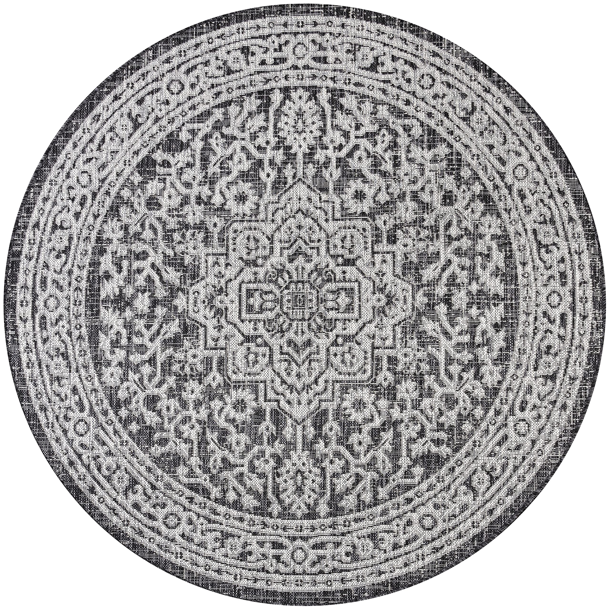 Jonathan Y Smb101D-5R Sinjuri Medallion Textured Weave Indoor Outdoor Area-Rug Coastal Bohemian Rustic Glam Easy-Cleaning Bedroom Kitchen Backyard Patio Non Shedding, 5' Round, Gray/Black