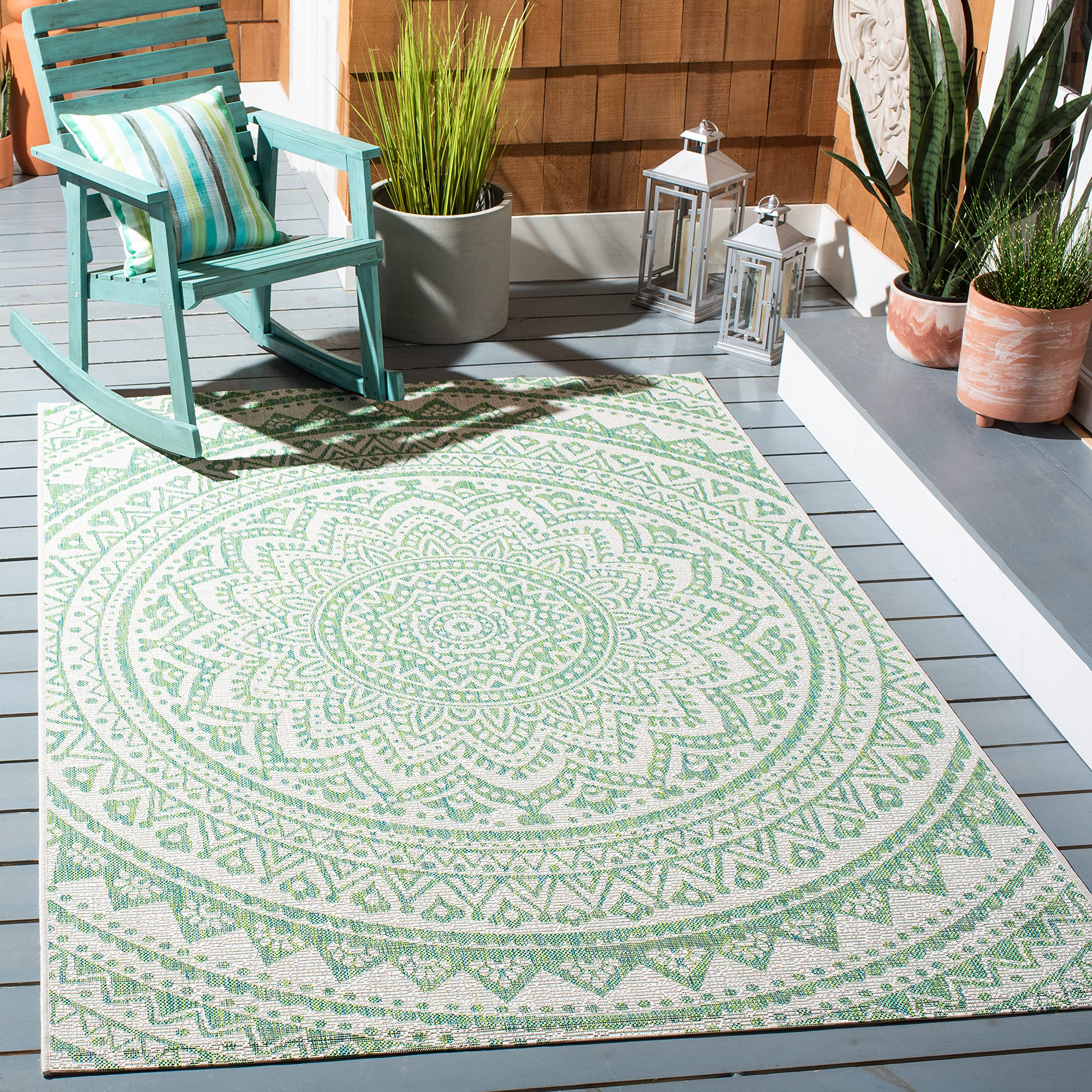 Safavieh Courtyard Collection Area Rug - 7'1 Square, Ivory & Green, Non-Shedding & Easy Care, Indoor/Outdoor & Washable-Ideal Fo