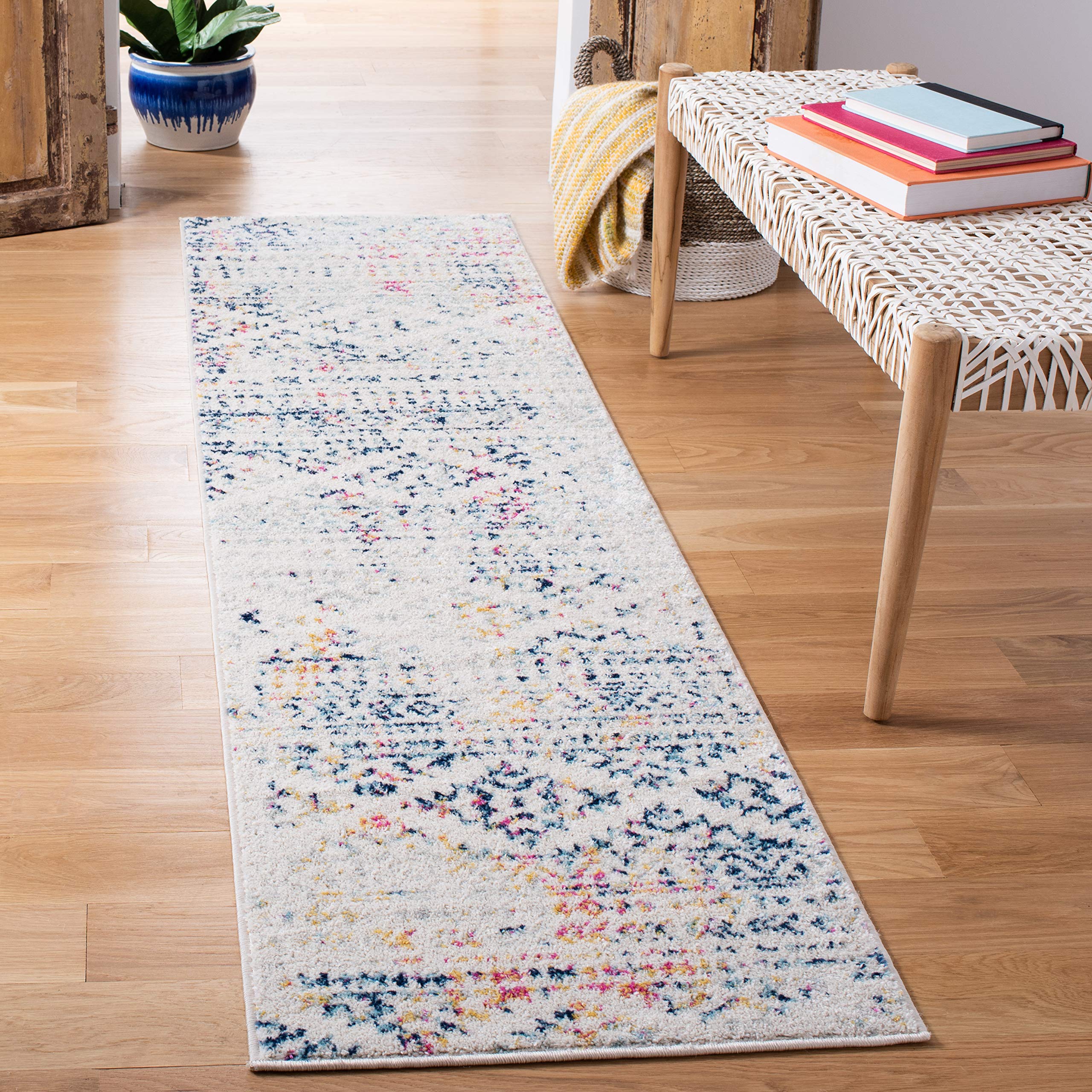 SAFAVIEH Tulum Collection Runner Rug - 2 x 7, Ivory & Blue, Moroccan Boho Tribal Design, Non-Shedding & Easy Care, Ideal for H