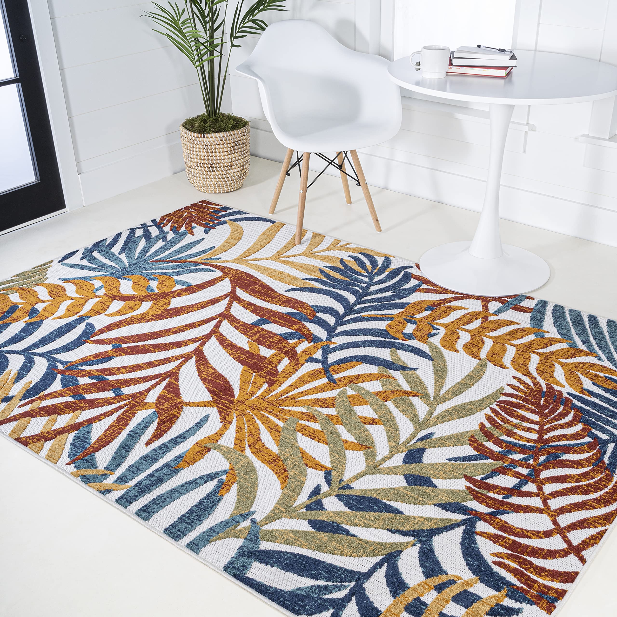 Jonathan Y Amc100B-3 Tropics Palm Leaves Indoor Outdoor Area Rug Bohemian Floral Easy Cleaning High Traffic Bedroom Kitchen Backyard Patio Porch Non Shedding, 3 X 5, Cream/Orange