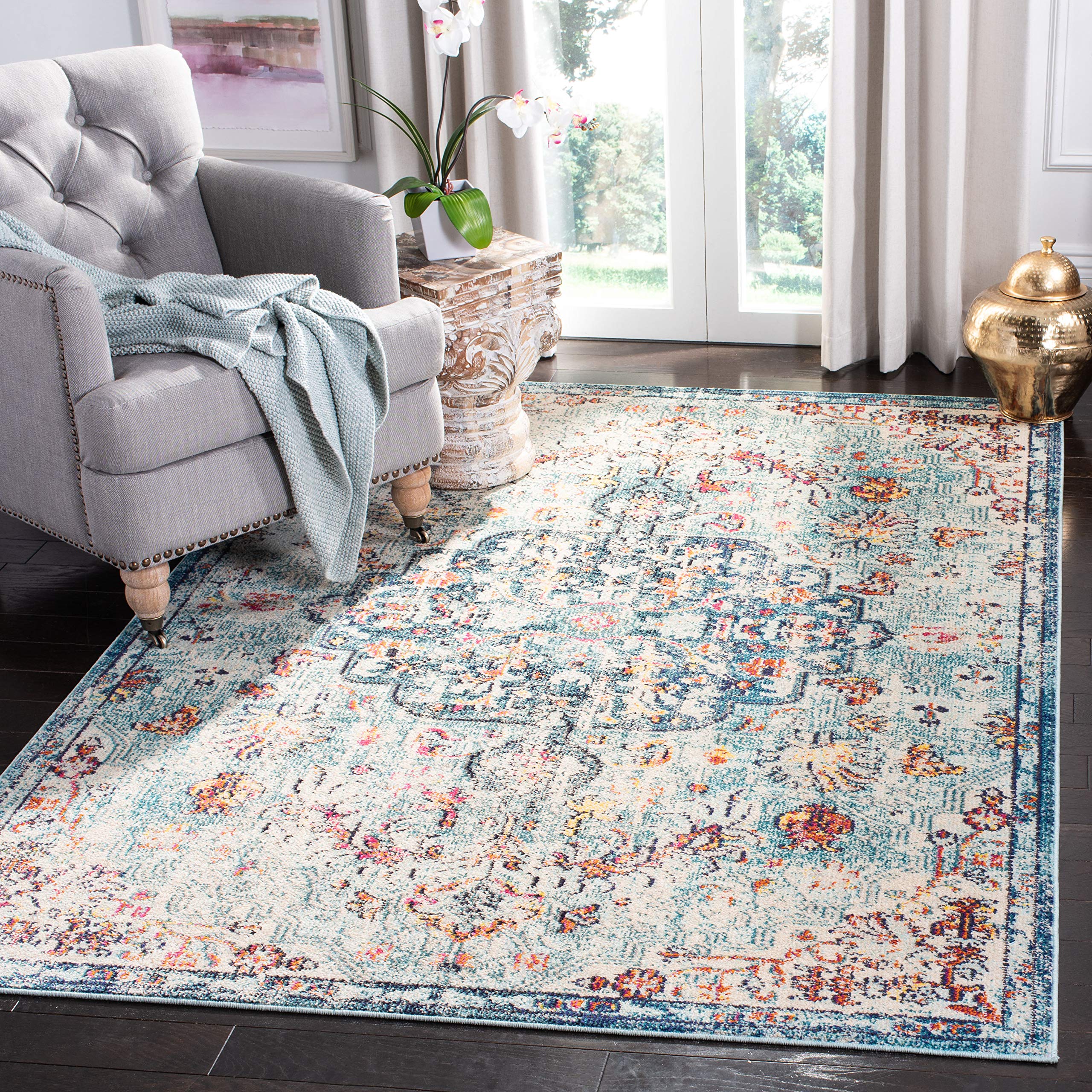 SAFAVIEH Madison Collection Area Rug - 53 x 76, Navy & Light Blue, Boho Chic Medallion Distressed Design, Non-Shedding & Easy 