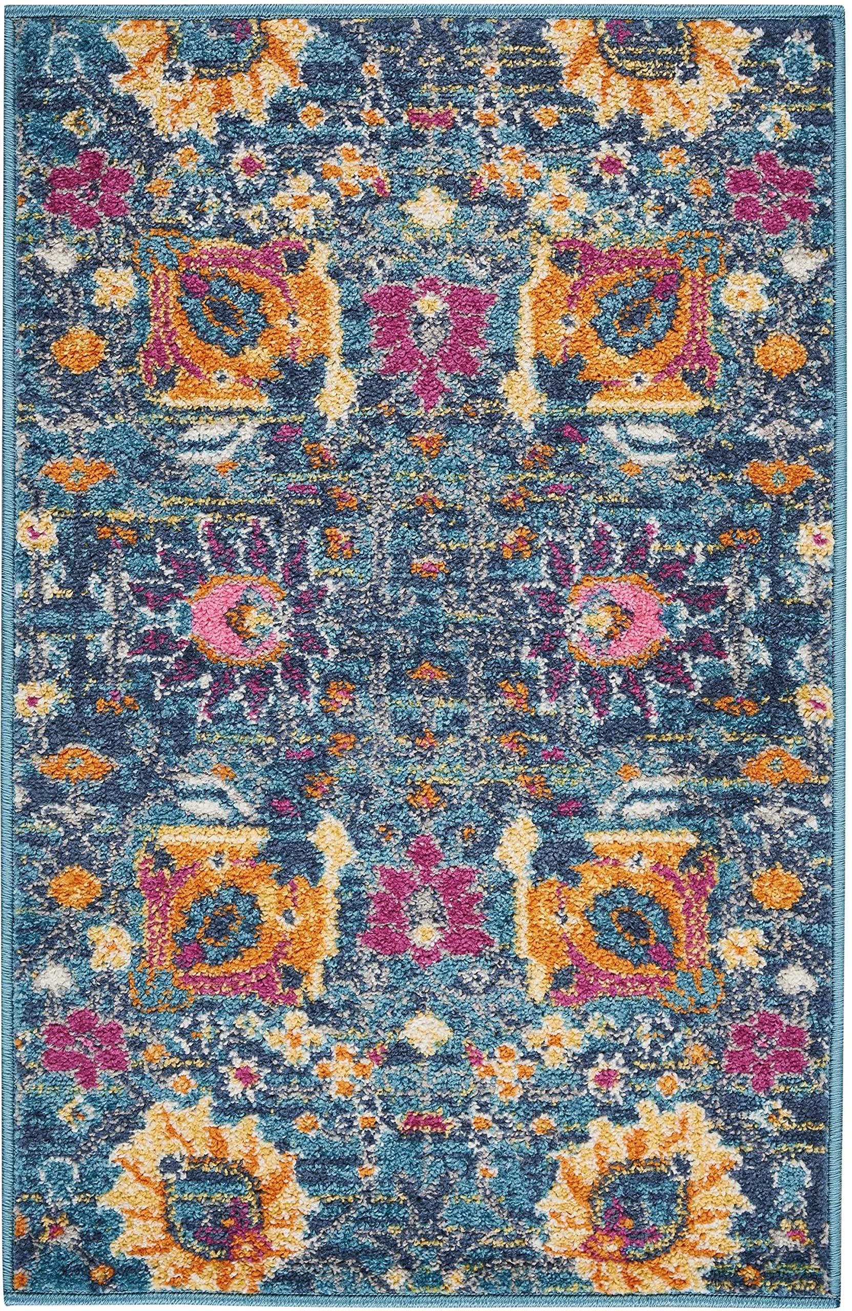 HomeRoots 100% Polypropylene 2’ x 3’ Denim Blue Florals Distressed Scatter Rug