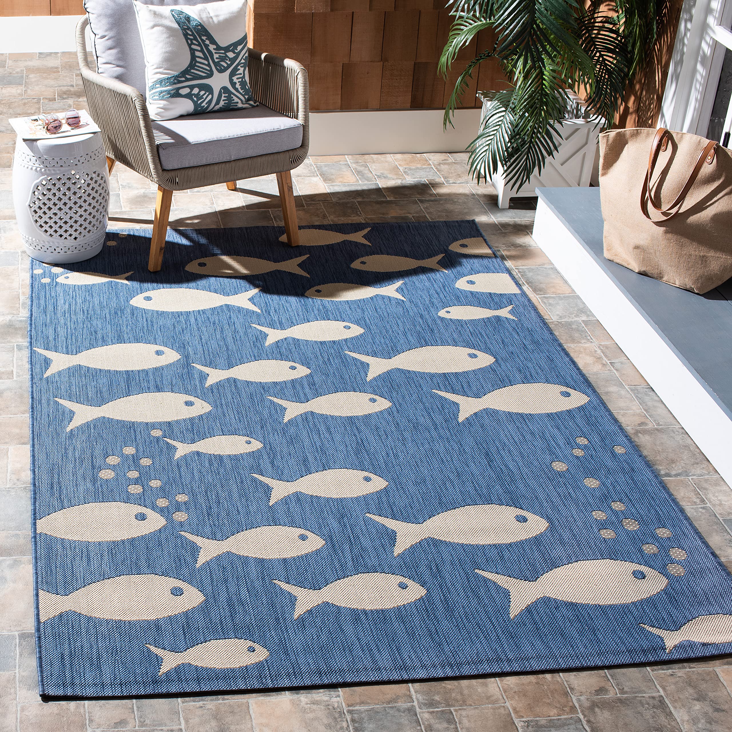 Safavieh Courtyard Collection 5'3' Square Blue/Beige Cy6012 Indoor/ Outdoor Waterproof Easy Cleaning Patio Backyard Mudroom Are