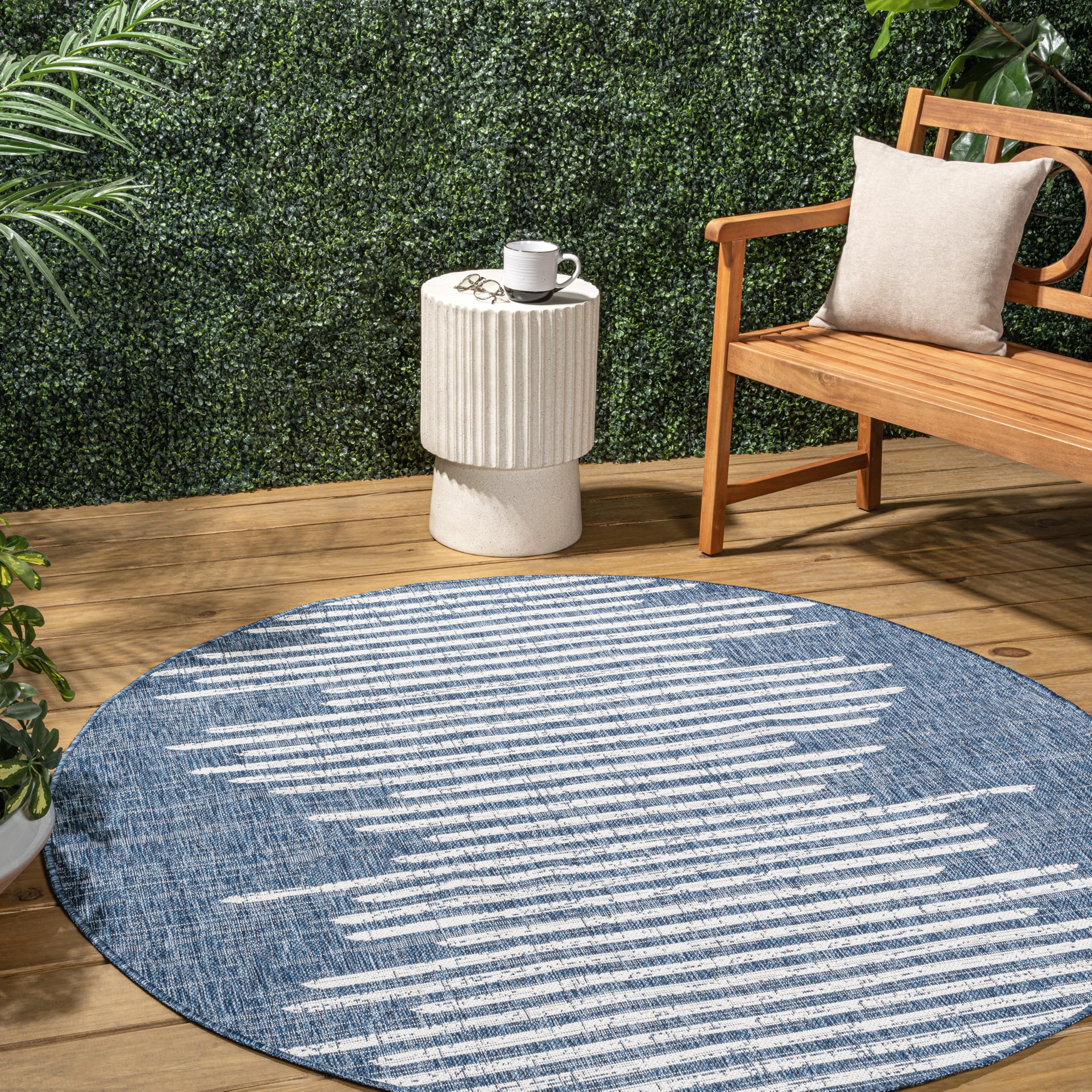 Jonathan Y Smb124C-9R Zolak Berber Stripe Geometric Blue/Ivory 9' Round Indoor/Outdoor Area Rug, Pet Friendly, Non-Shedding, Sta