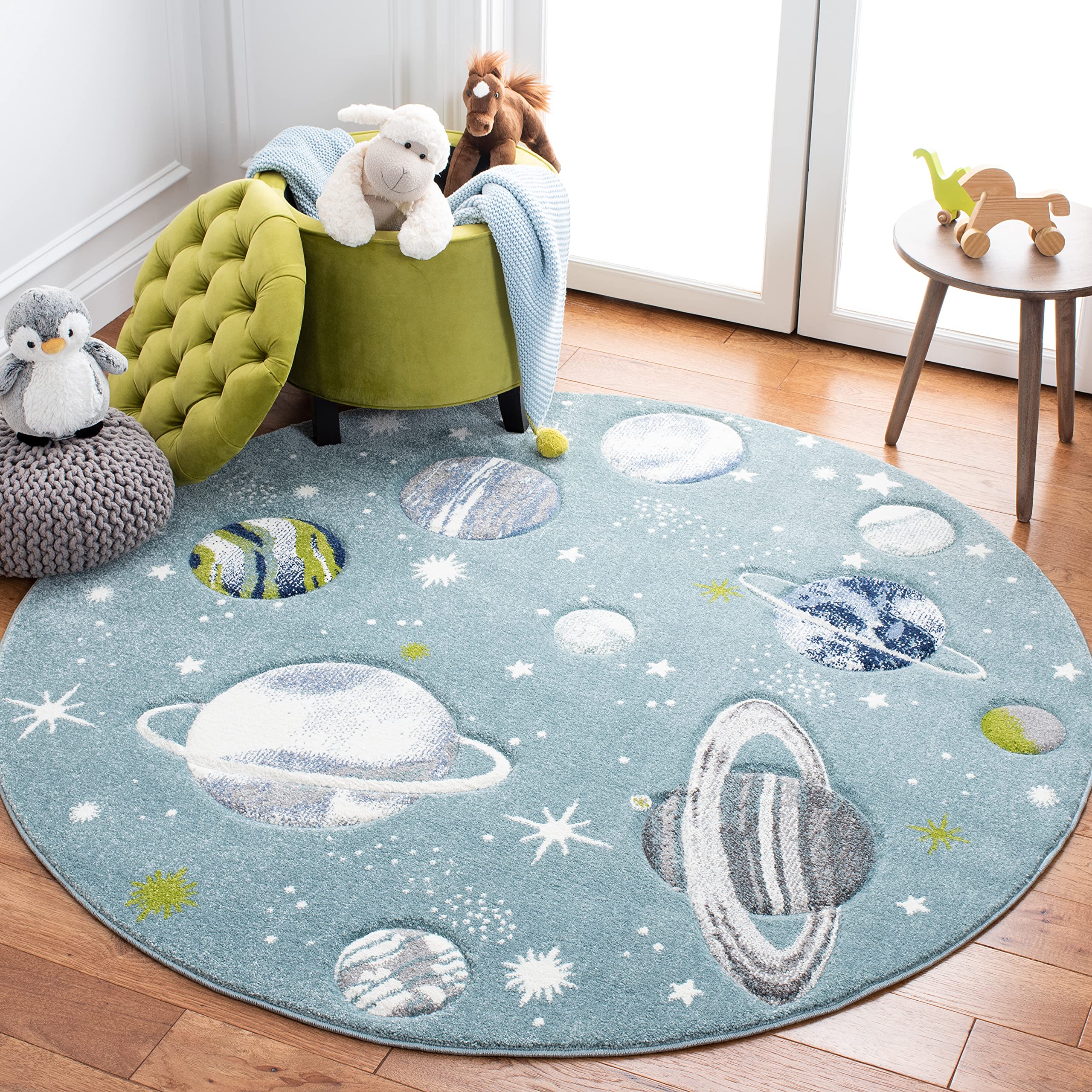 SAFAVIEH Carousel Kids Collection 53 Round Teal/Ivory CRK103J Outer Space Non-Shedding Playroom Nursery Bedroom Area Rug