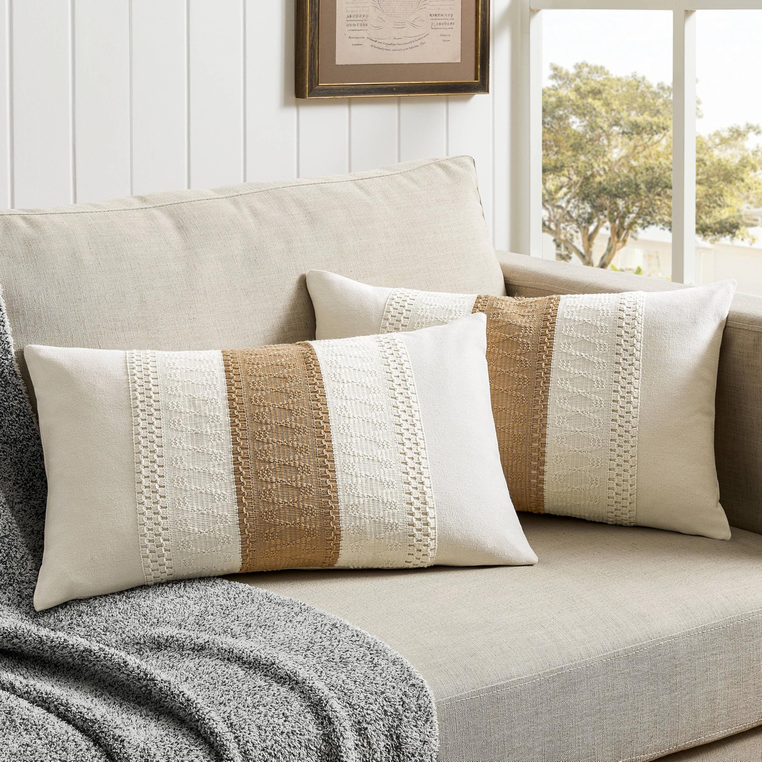 Zeemart 2 Packs Cotton Boho Lumbar Throw Pillow Covers 12X20 Inch Contrast Brown, Soft Farmhouse Decorative Couch Pillow Cases Neutral Cushion Covers For Sofa Bed Living Room Home Decor