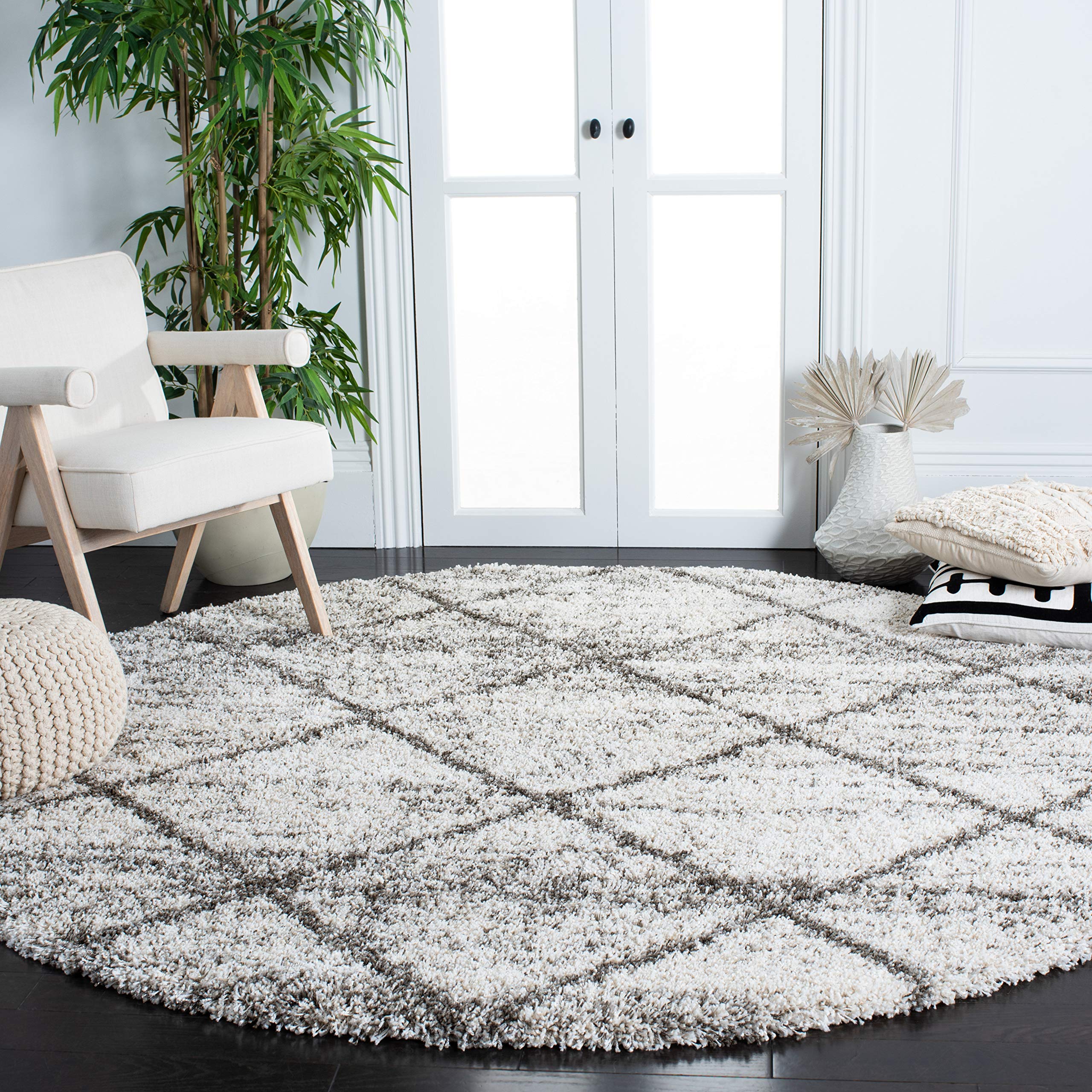 SAFAVIEH Hudson Shag Collection 4 Round Grey/Beige SGH281J Modern Diamond Trellis Non-Shedding 2-inch Thick Area Rug