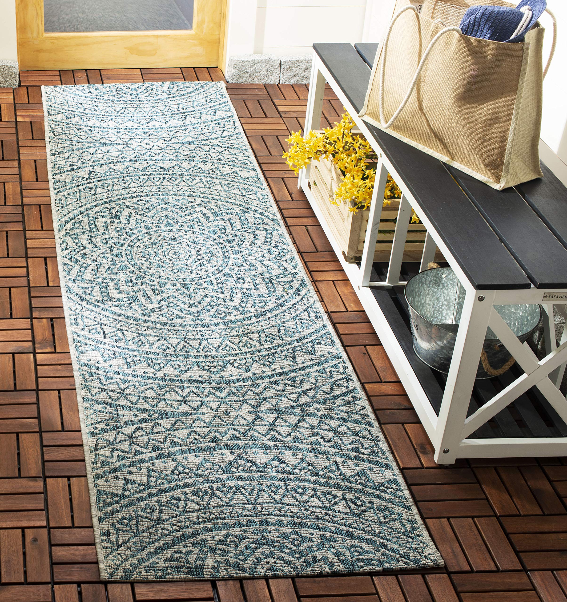 Safavieh Courtyard Collection 2'3' X 10' Light Grey / Teal Cy8734 Indoor/ Outdoor Waterproof Easy Cleaning Patio Backyard Mudroom Runner Rug