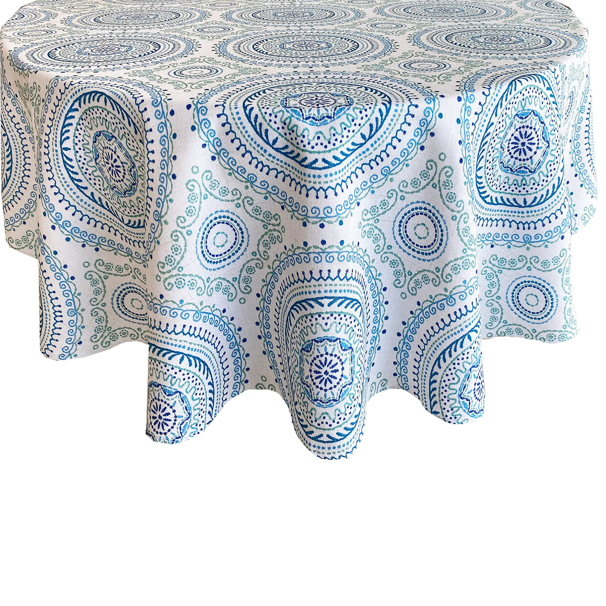 Newbridge 70 Inch Round Fabric Tablecloth, Blue Circle Stitch, Indoor Outdoor No Iron Soil Resistant Dining Room, Party And Banquet Table Cover, Blue Modern Boho Chic Print