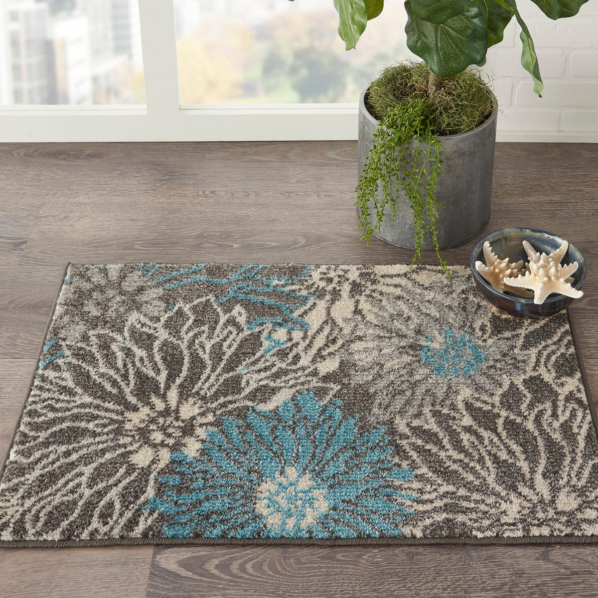 Nourison Passion Charcoal/Blue 1'10' X 2'10' Area Rug, Floral, Farmhouse, Easy Cleaning, Non Shedding, Bed Room, Living Room,