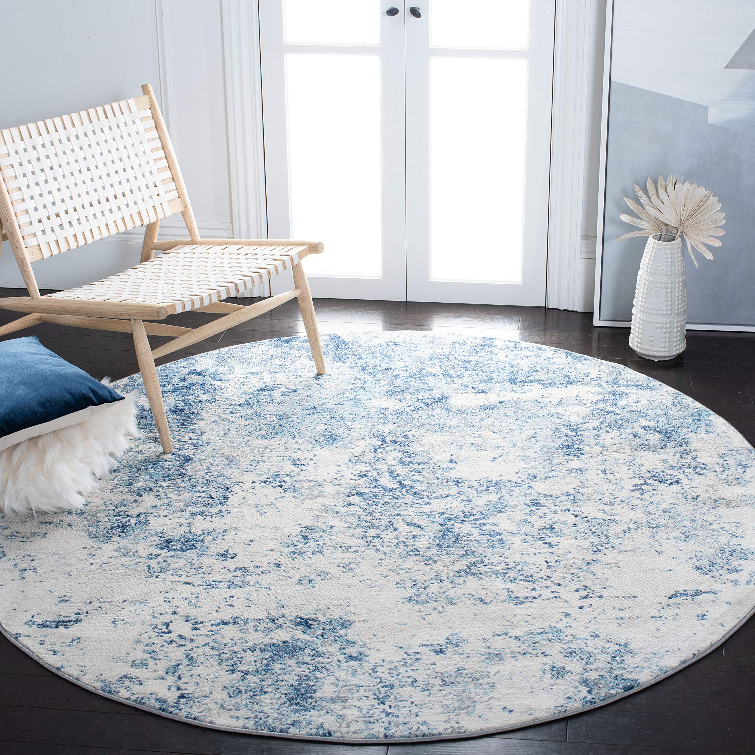 SAFAVIEH Brentwood Collection 67 Round Ivory / Navy BNT822B Modern Abstract Non-Shedding Dining Room Entryway Foyer Living Room