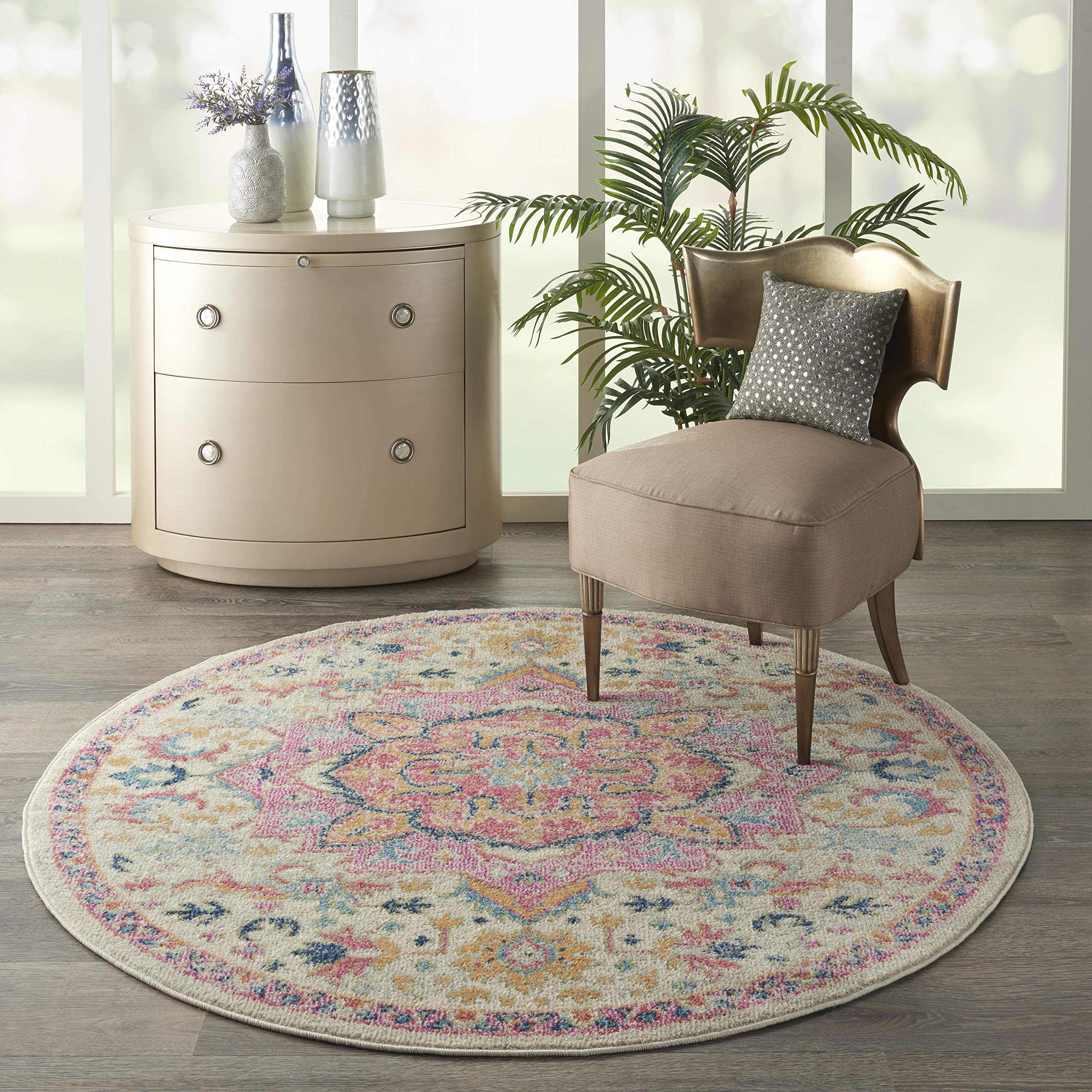 Nourison Passion Ivory/Pink 5'3' X Round Area Rug, Boho, Moroccan, Bed Room, Living Room, Dining Room, Kitchen, Easy Cleaning,