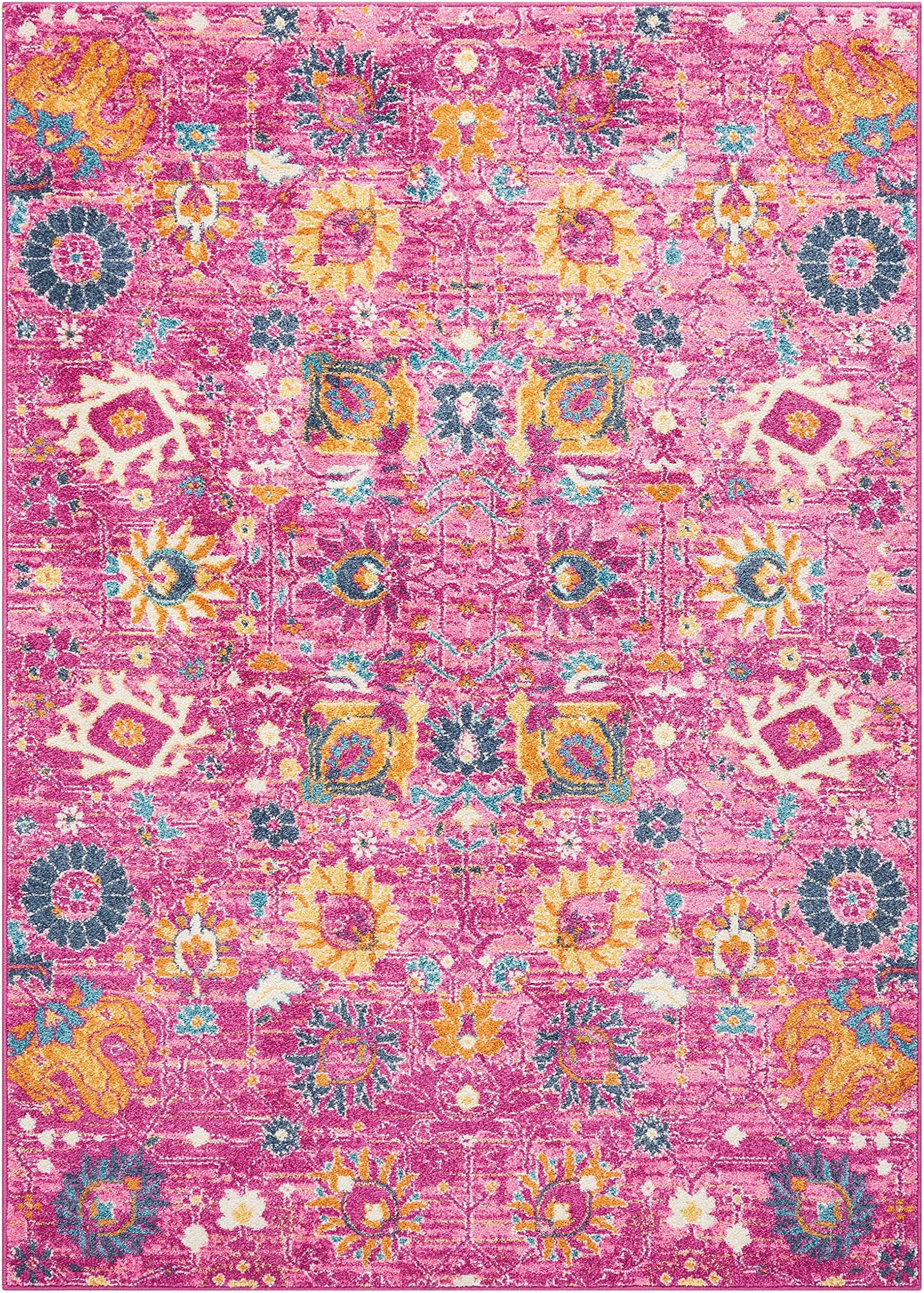 HomeRoots 100% Polypropylene 7’ x 10’ Fuchsia and Orange Distressed Area Rug