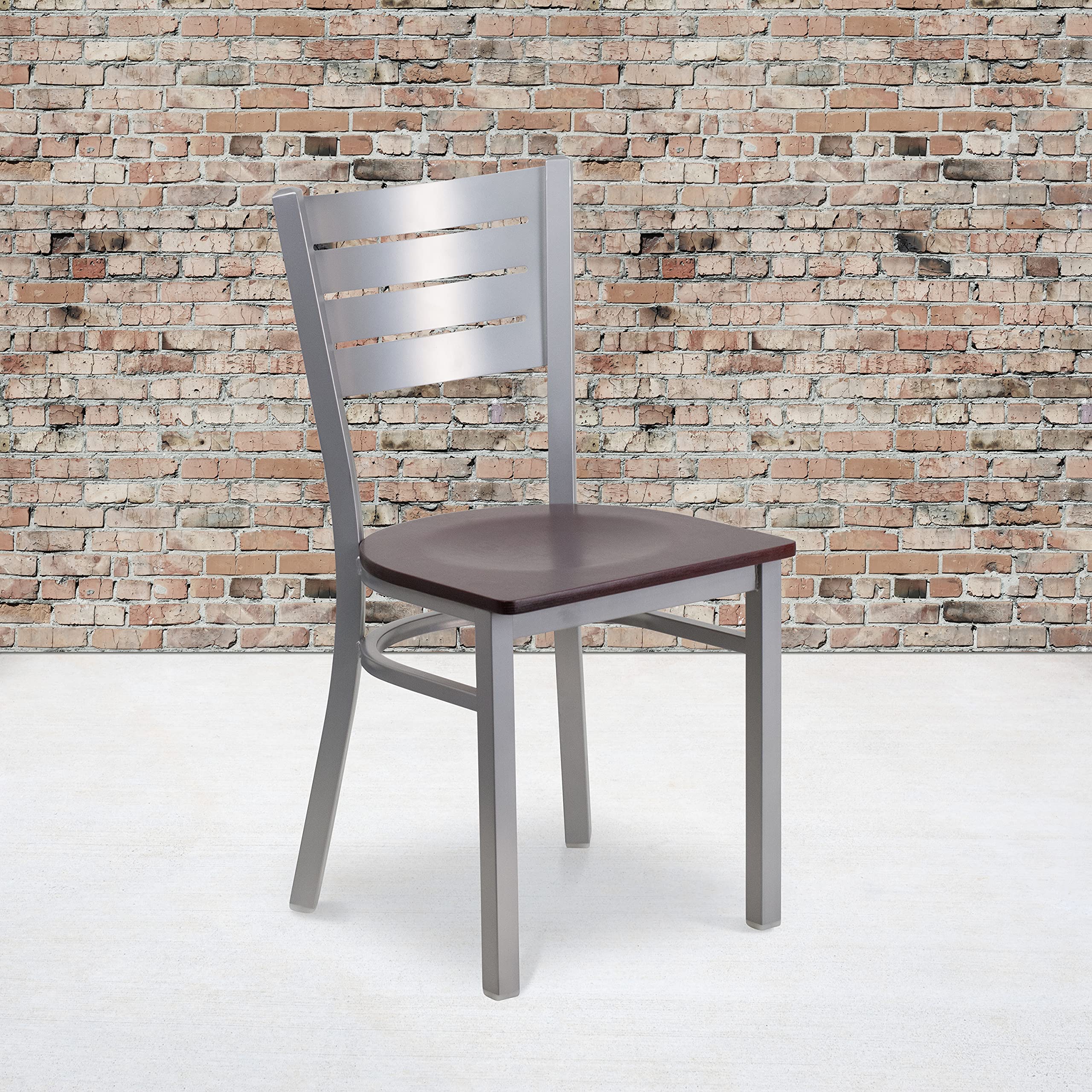 Flash Furniture HERCULES Series Silver Slat Back Metal Restaurant Chair - Walnut Wood Seat
