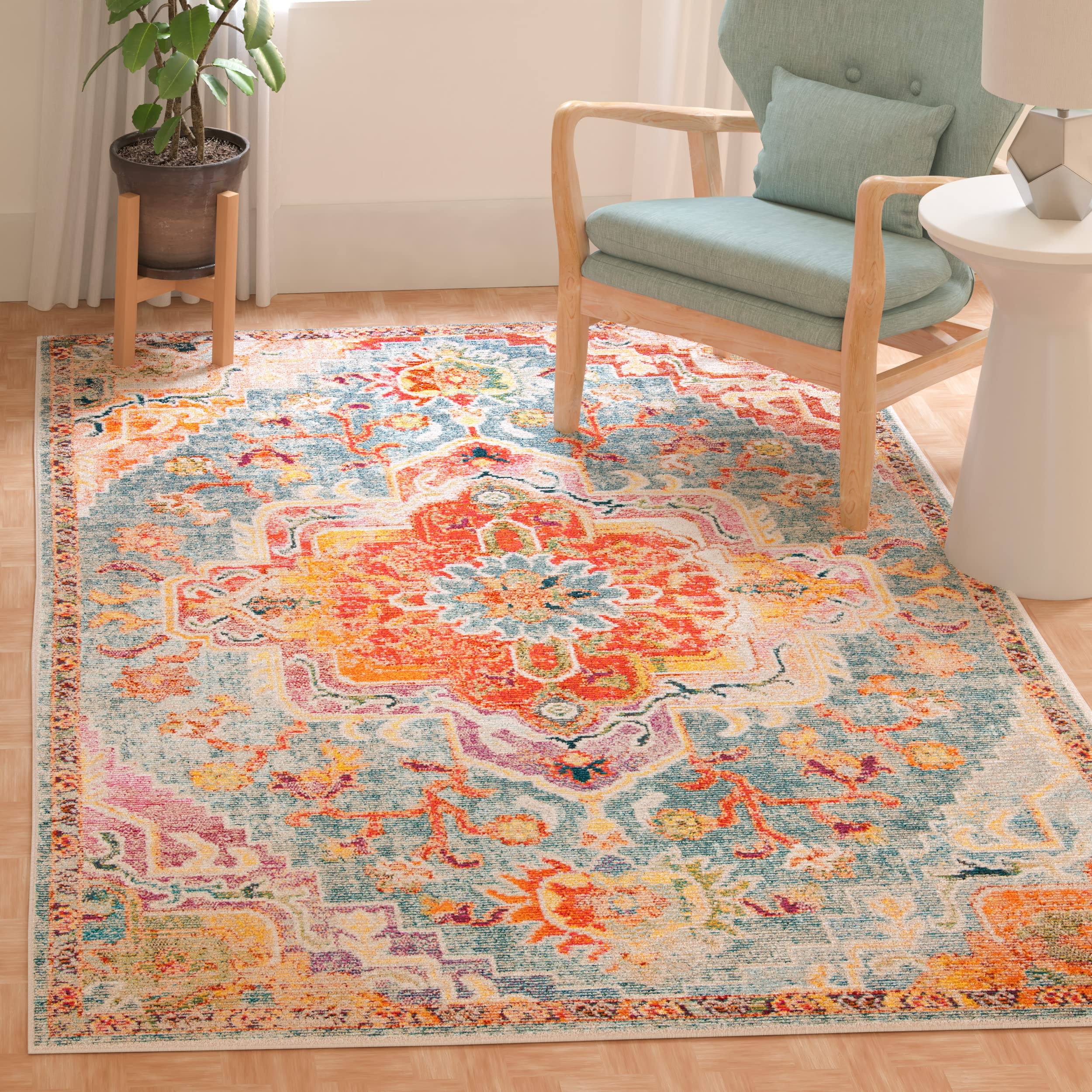 SAFAVIEH Crystal Collection Area Rug - 4 Square, Orange & Teal, Medallion Distressed Design, Non-Shedding & Easy Care, Ideal fo