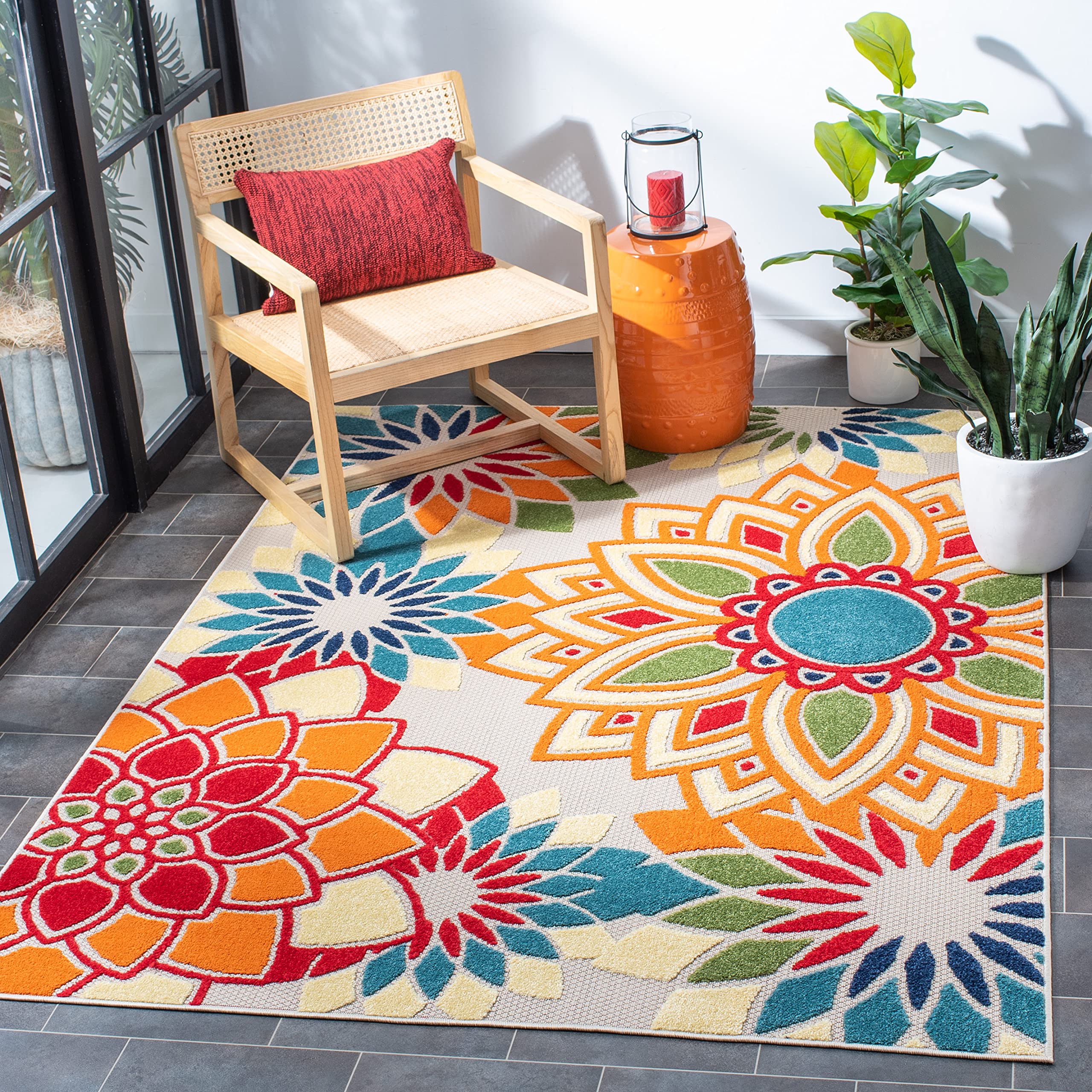 Safavieh Cabana Collection Area Rug - 9' X 12', Ivory & Orange, Floral Design, Non-Shedding & Easy Care, Indoor/Outdoor & Washab