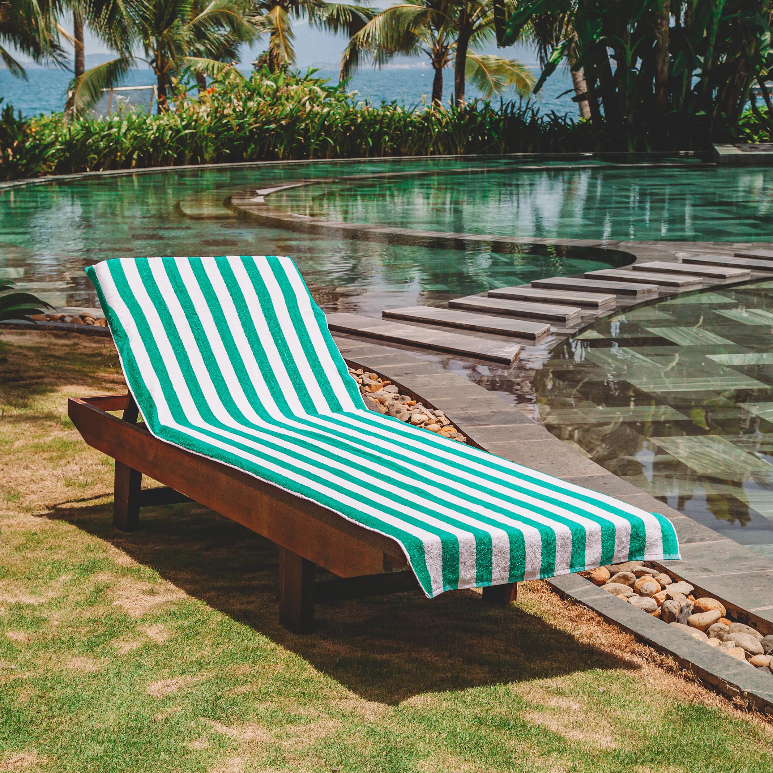 Arkwright California Chaise Lounge Cover - Pack Of 2 - Striped Soft Cotton Cabana Towel With Pocket Holder For Beach Pool Outdoor Chair, 30 X 85 In., Green