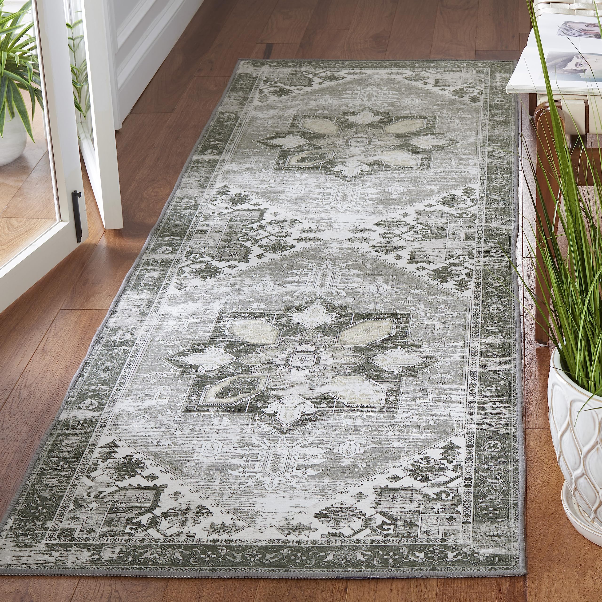 SAFAVIEH Tucson Collection Runner Rug - 26 x 22, Dark Sage & Ivory, Persian Medallion Design, Machine Washable Ideal for High 