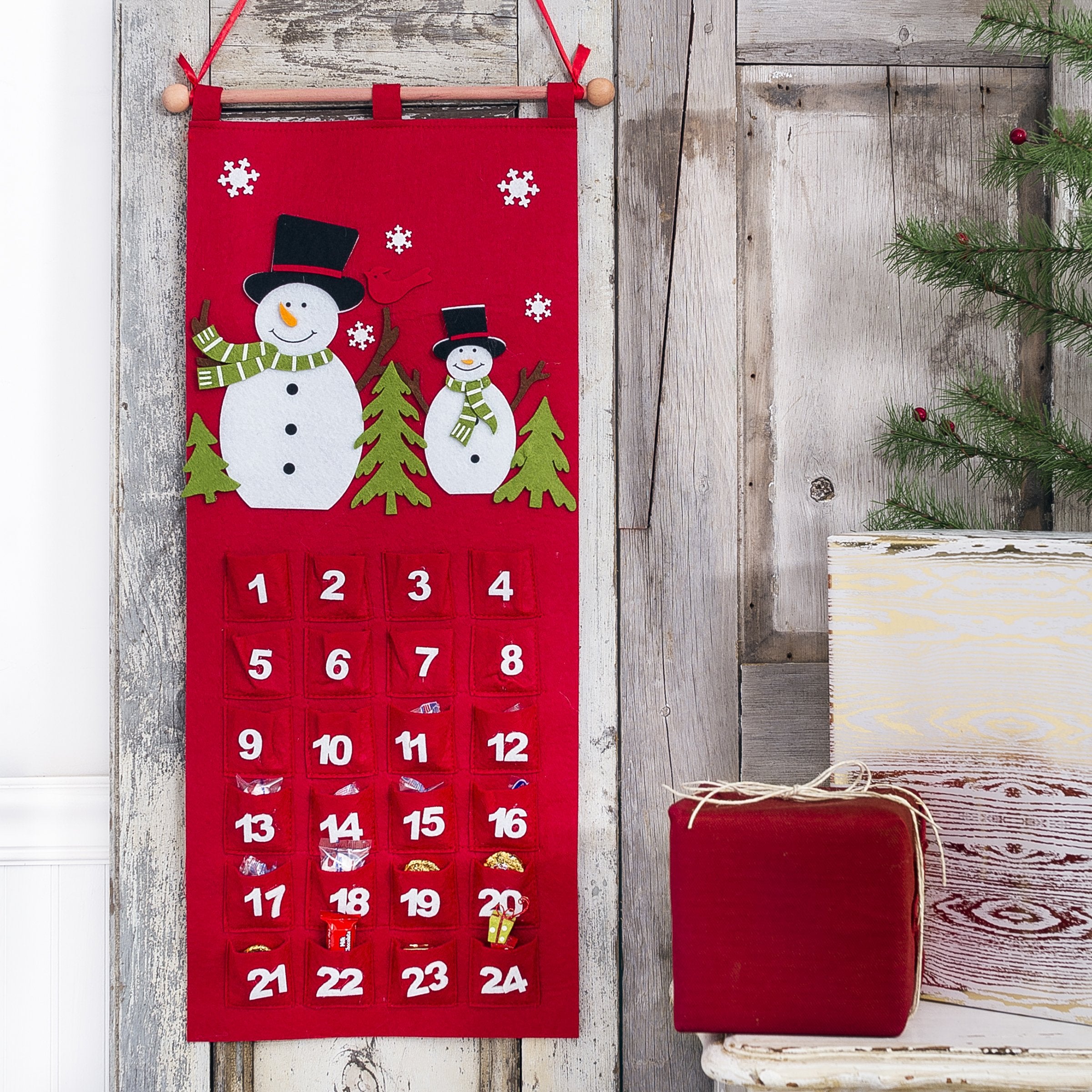 C&F Home Snowmen With Pockets Scarf Trees Christmas Xmas Holiday Seasonal Handcrafted Advent Countdown Calendar Red