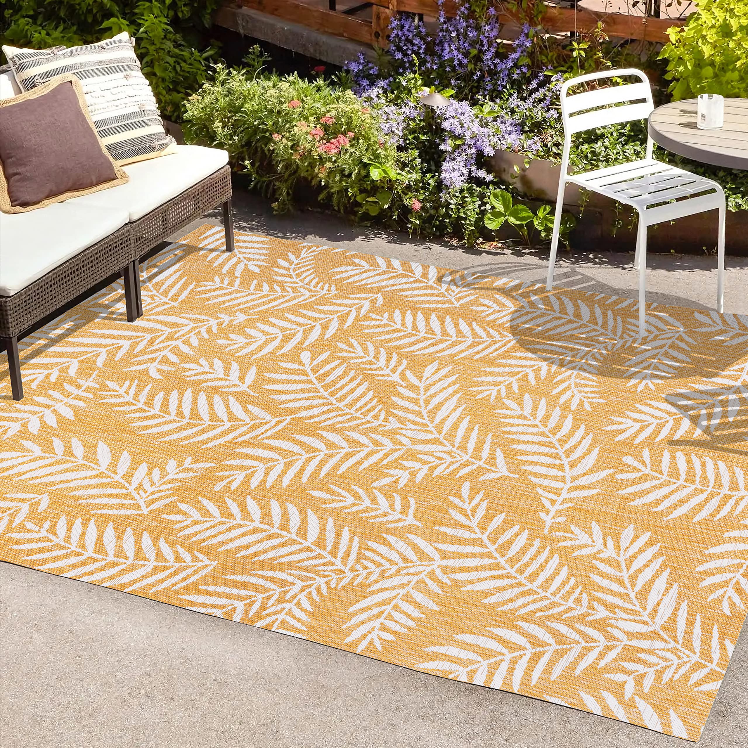 Jonathan Y Smb119C-4 Nevis Palm Frond Indoor Outdoor Area-Rug, Coastal Casual Country & Floral Easy-Cleaning,Bedroom,Kitchen,Backyard,Patio,Non Shedding, 4 X 6, Yellow/Cream