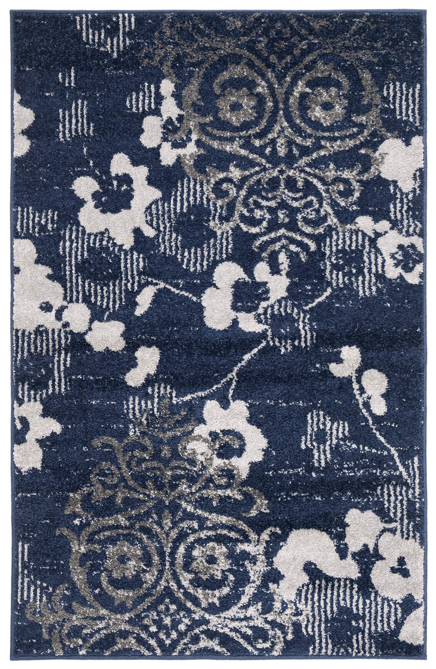 SAFAVIEH Adirondack Collection Accent Rug - 26 x 4, Navy & Silver, Floral Glam Distressed Design, Non-Shedding & Easy Care, Id
