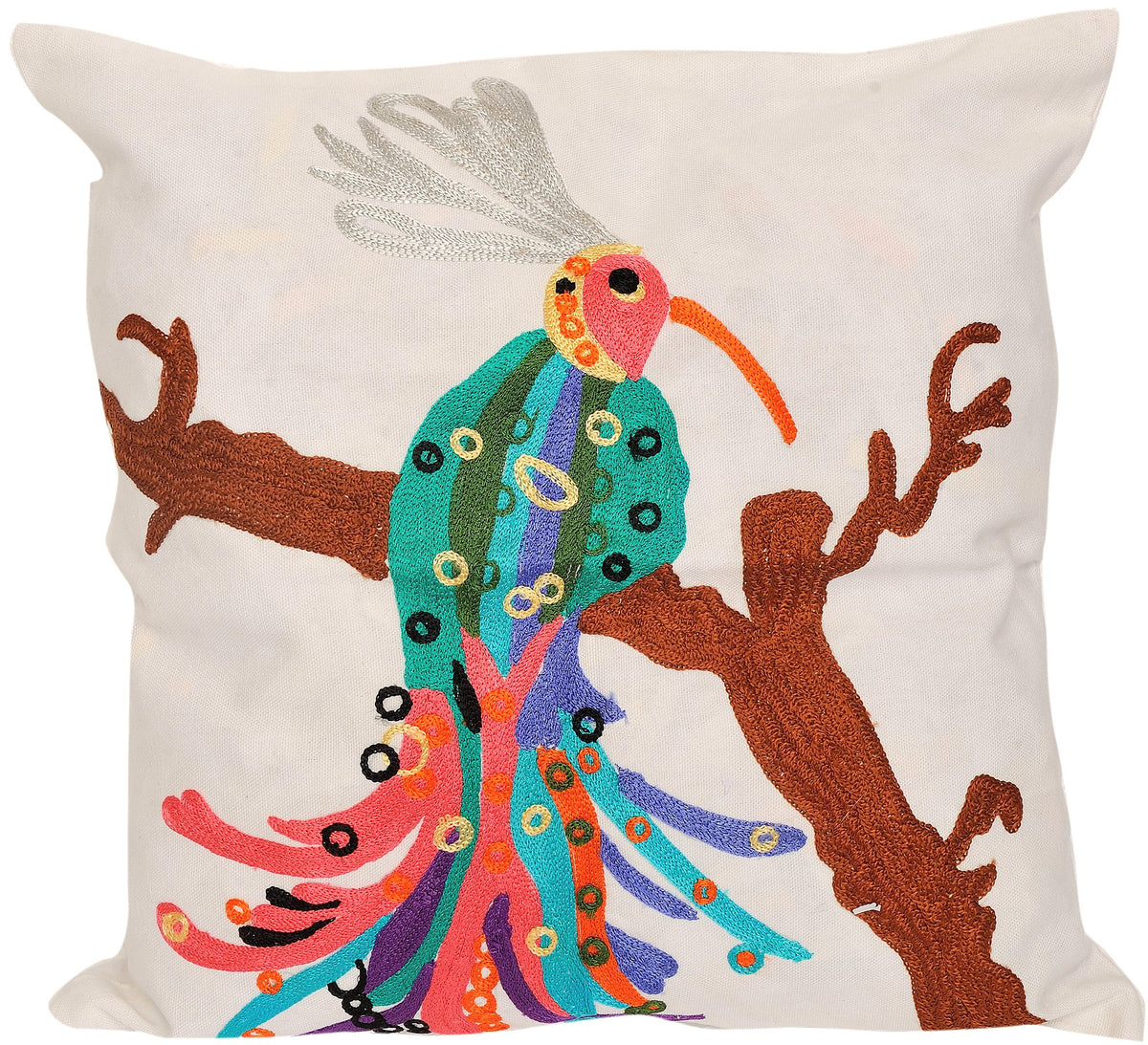 Exotic India White Cushion Cover With Embroidered Cockatoo  Pure Cotton