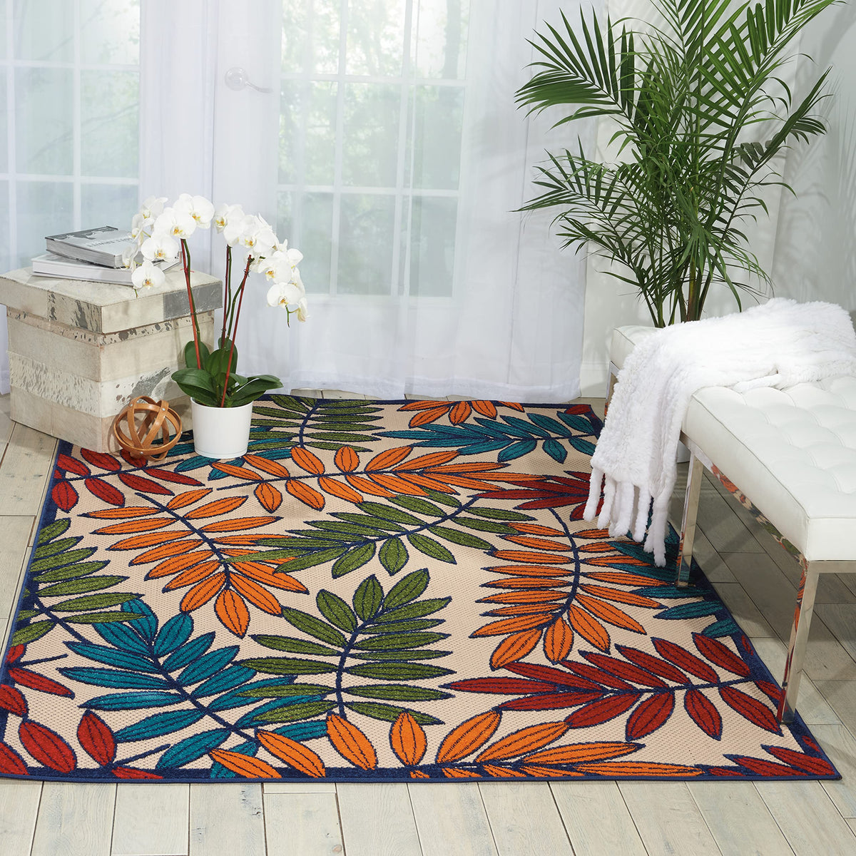 Nourison Aloha Indoor/Outdoor Area Rug 5' 3' X 7' 5', Multi Color, Rectangular Tropical Botanical Easy Cleaning Non Shedding Bed Room Kitchen Living Room Deck Backyard