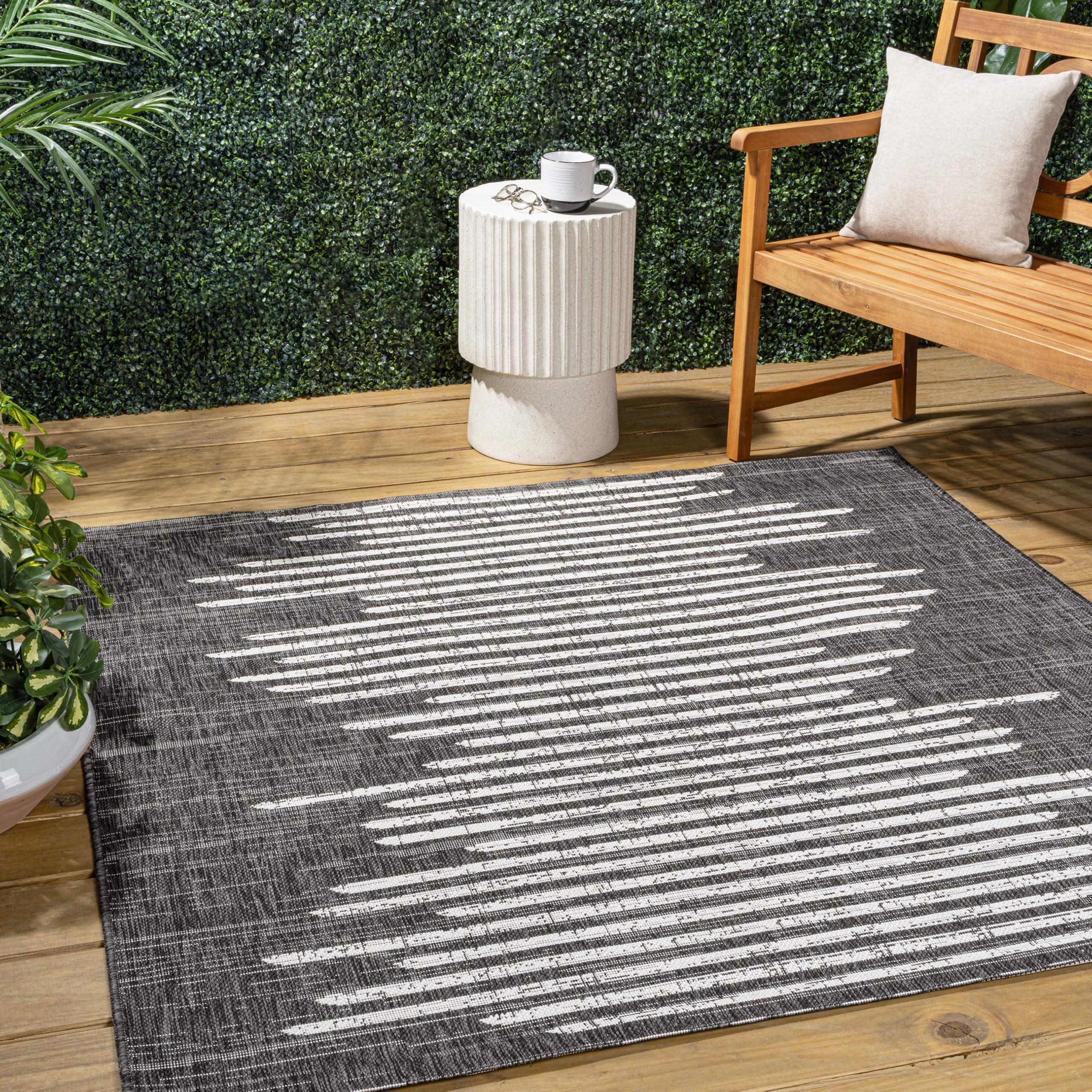 JONATHAN Y SMB124E-9SQ Zolak Berber Stripe Geometric Black/Ivory 9 Square Indoor/Outdoor Area Rug, Pet Friendly, Non-Shedding, 