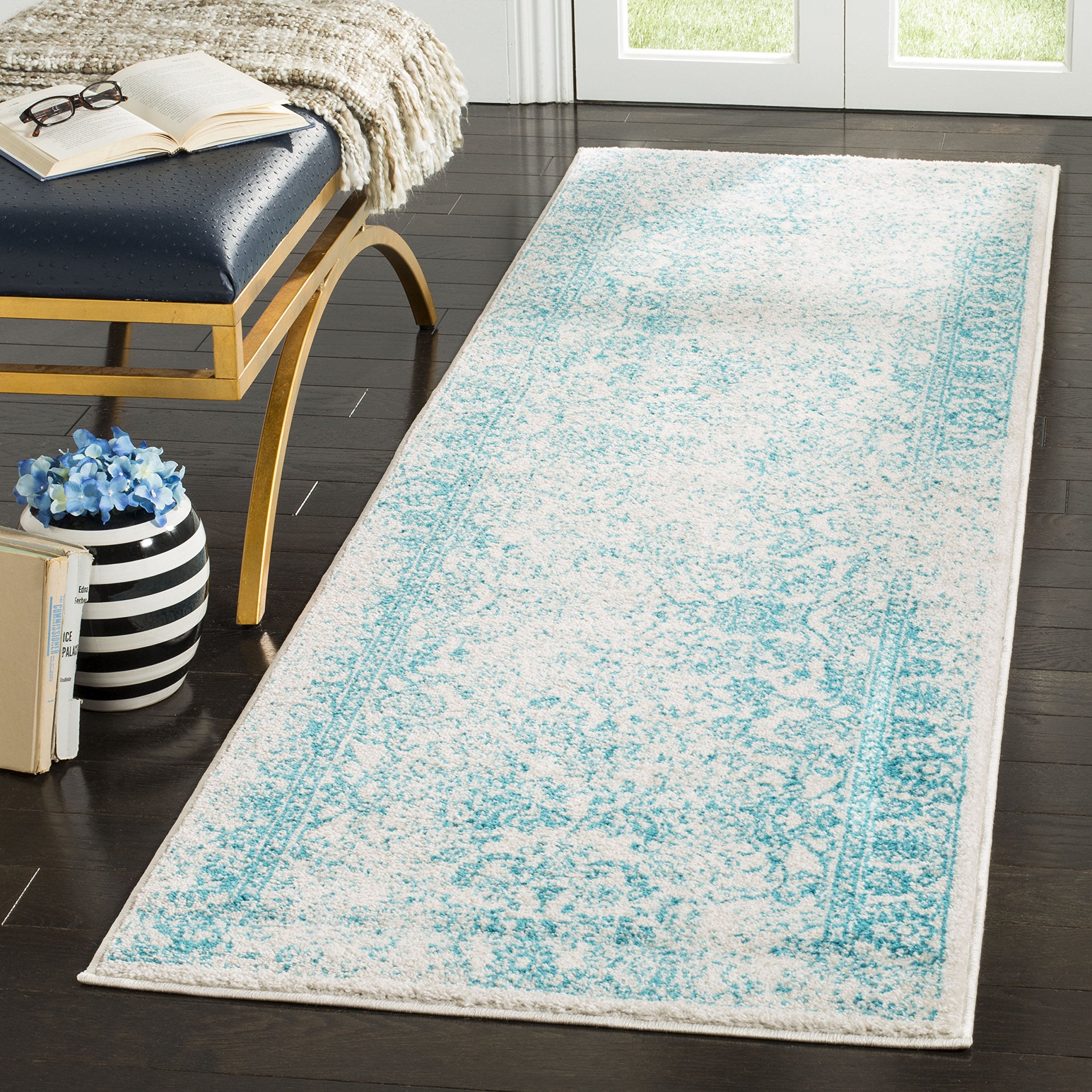 SAFAVIEH Adirondack Collection Runner Rug - 26 x 8, Ivory & Teal, Oriental Distressed Design, Non-Shedding & Easy Care, Ideal 