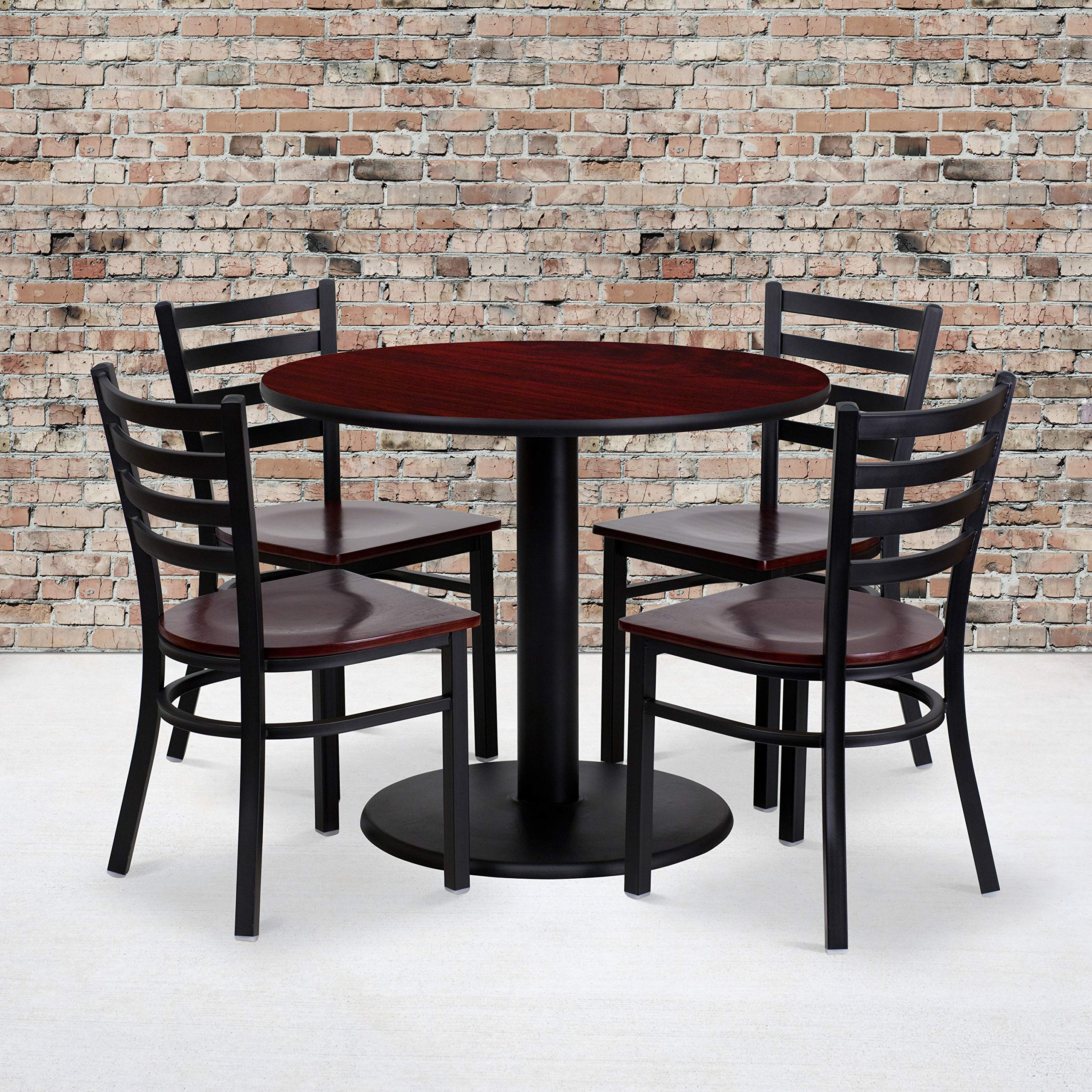 Flash Furniture 36'' Round Mahogany Laminate Table Set With 4 Ladder Back Metal Chairs - Mahogany Wood Seat