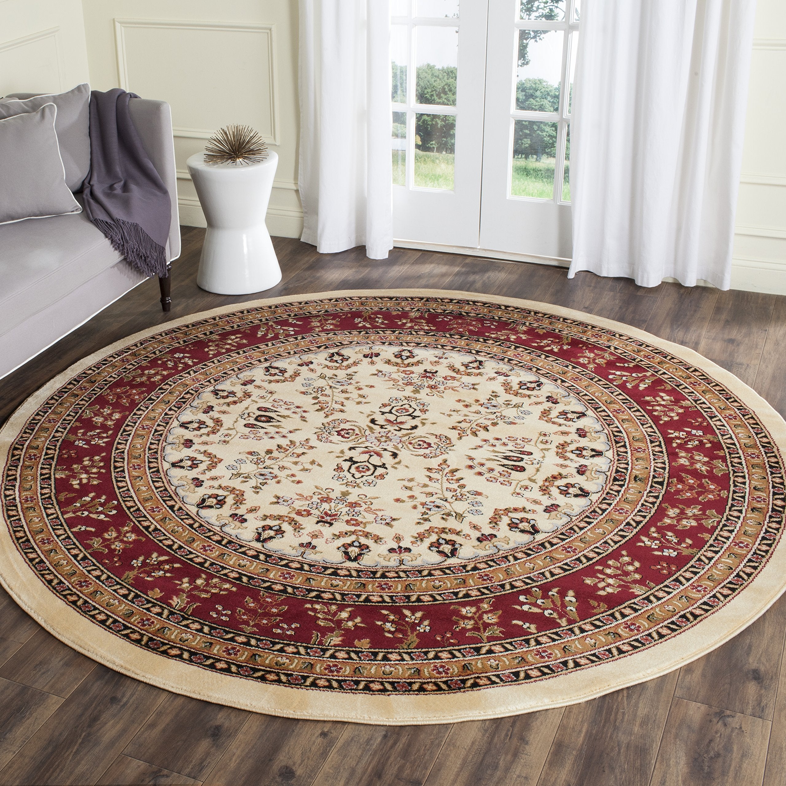 SAFAVIEH Lyndhurst Collection Area Rug - 8 Round, Ivory & Red, Traditional Oriental Design, Non-Shedding & Easy Care, Ideal for