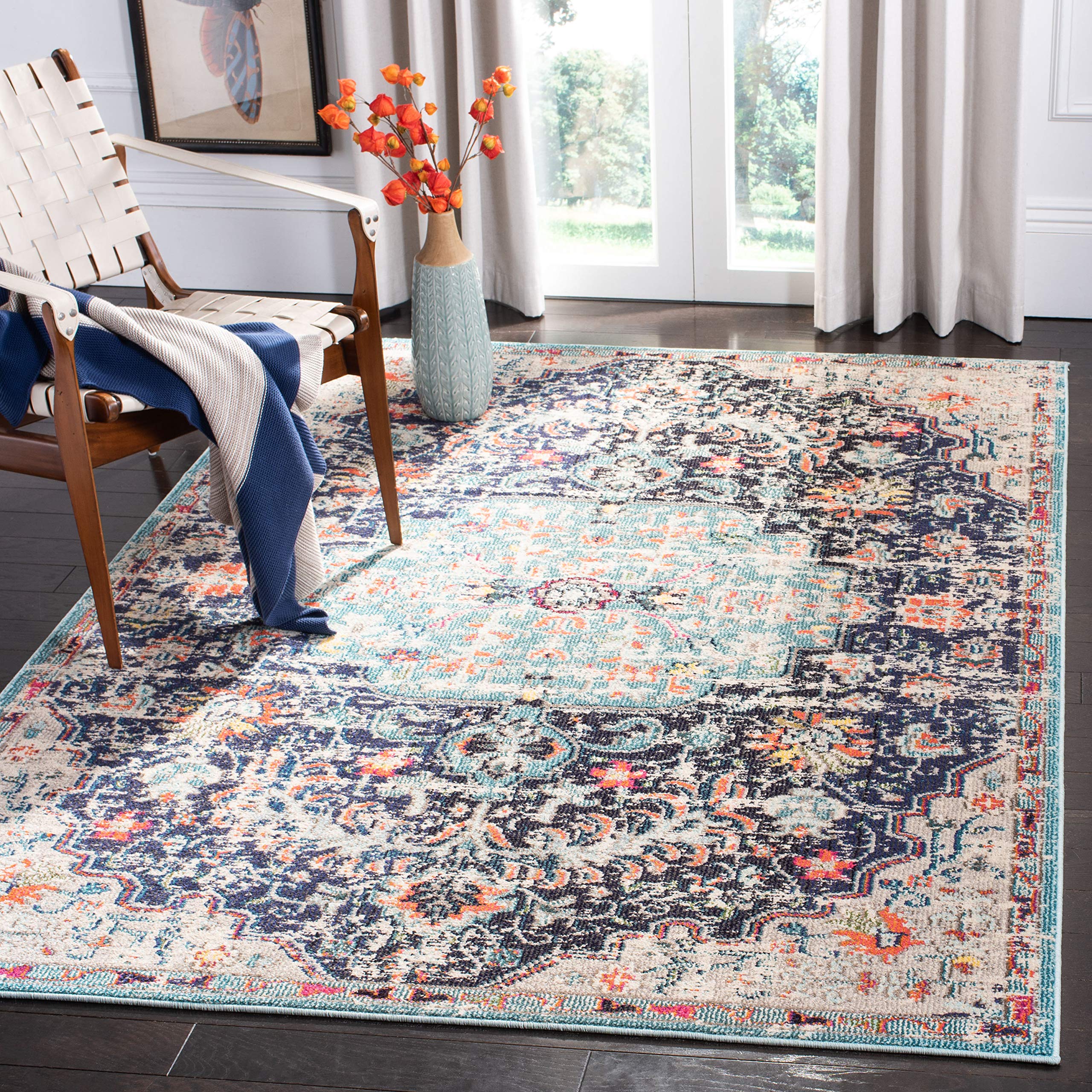 SAFAVIEH Madison Collection Accent Rug - 4 x 6, Black & Teal, Medallion Distressed Design, Non-Shedding & Easy Care, Ideal for