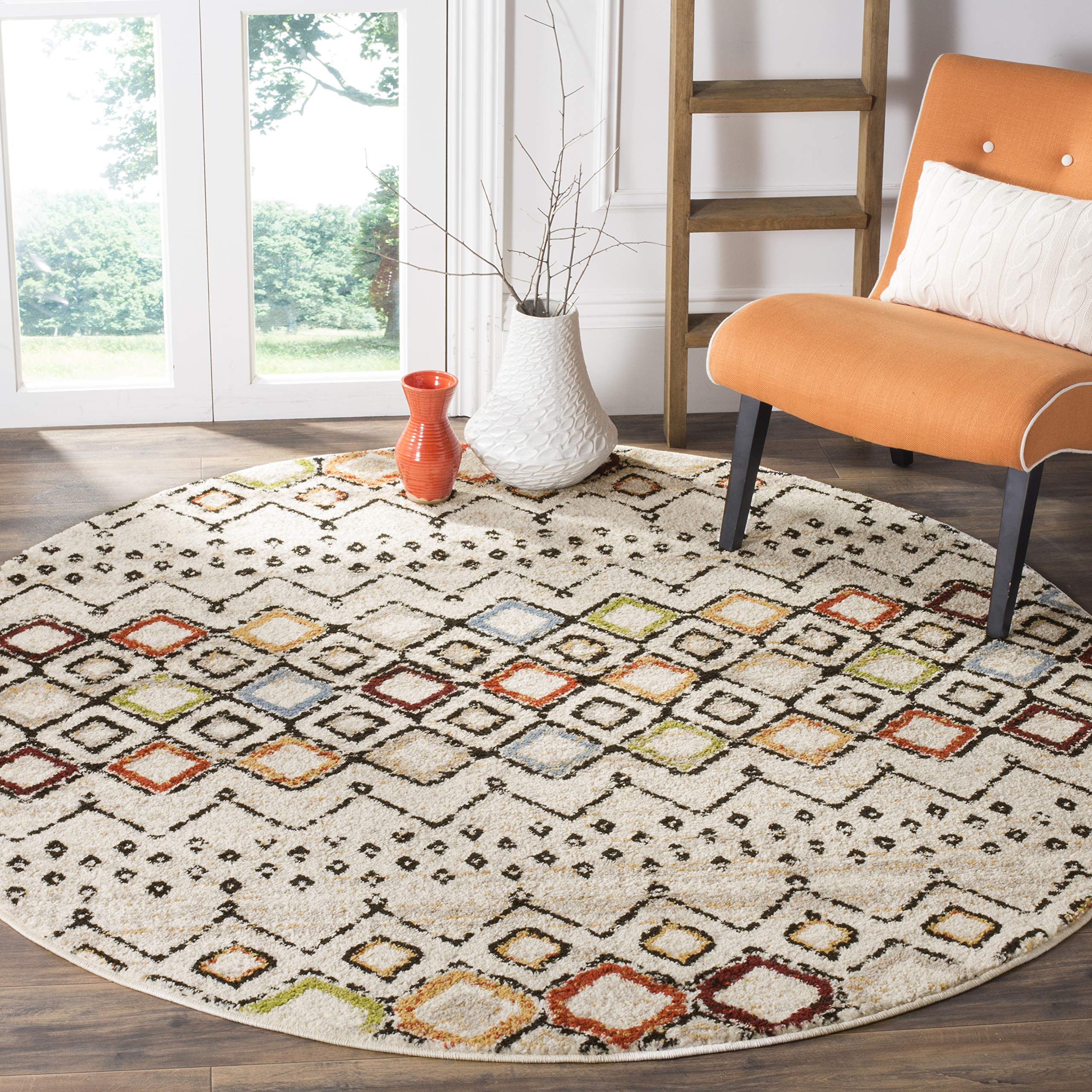 SAFAVIEH Amsterdam Collection Area Rug - 9 Round, Ivory & Multi, Moroccan Boho Design, Non-Shedding & Easy Care, Ideal for High
