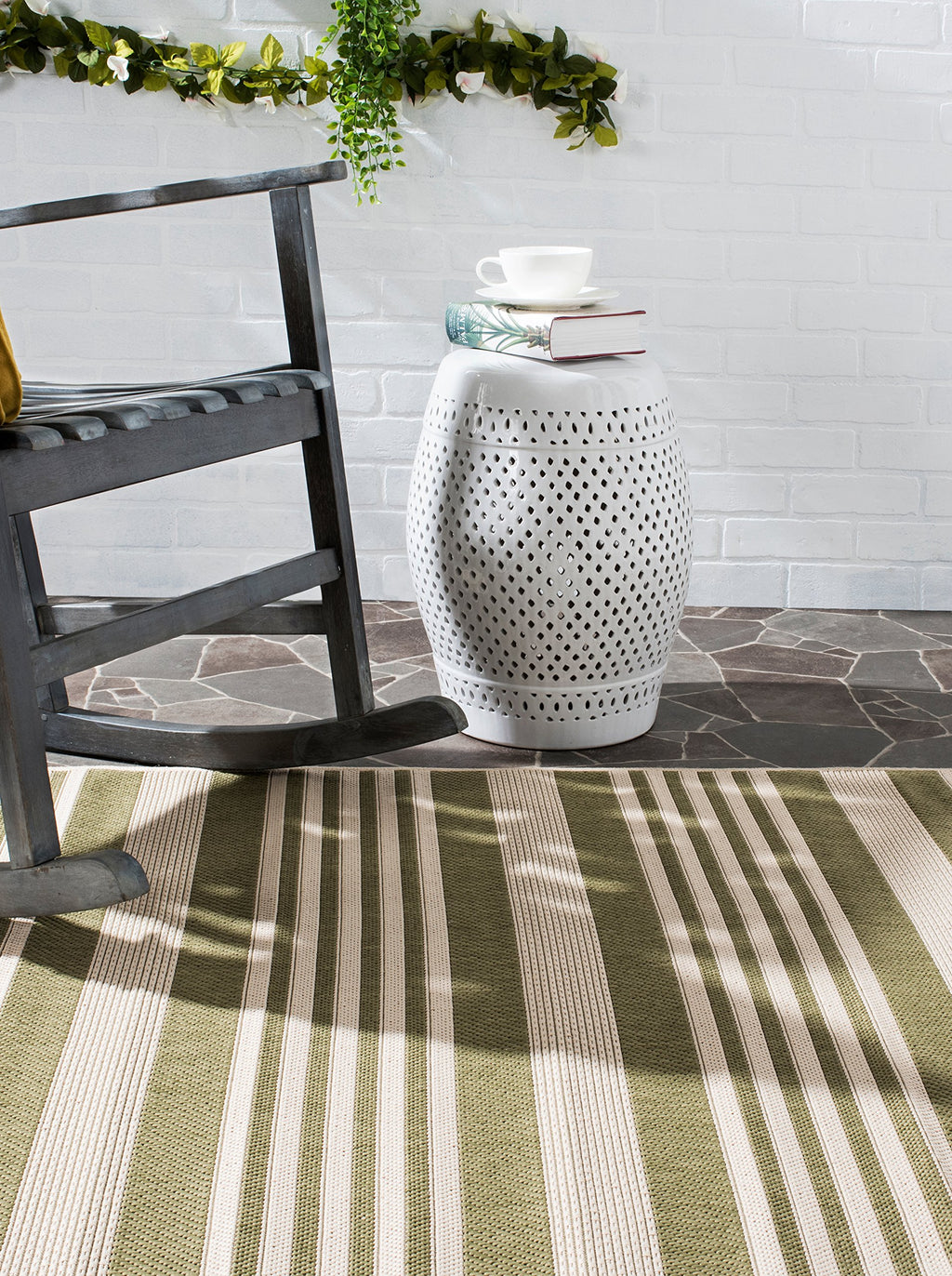 Safavieh Courtyard Collection Accent Rug - 4' X 5'7'', Green & Beige, Stripe Design, Non-Shedding & Easy Care, Indoor/Outdoor &