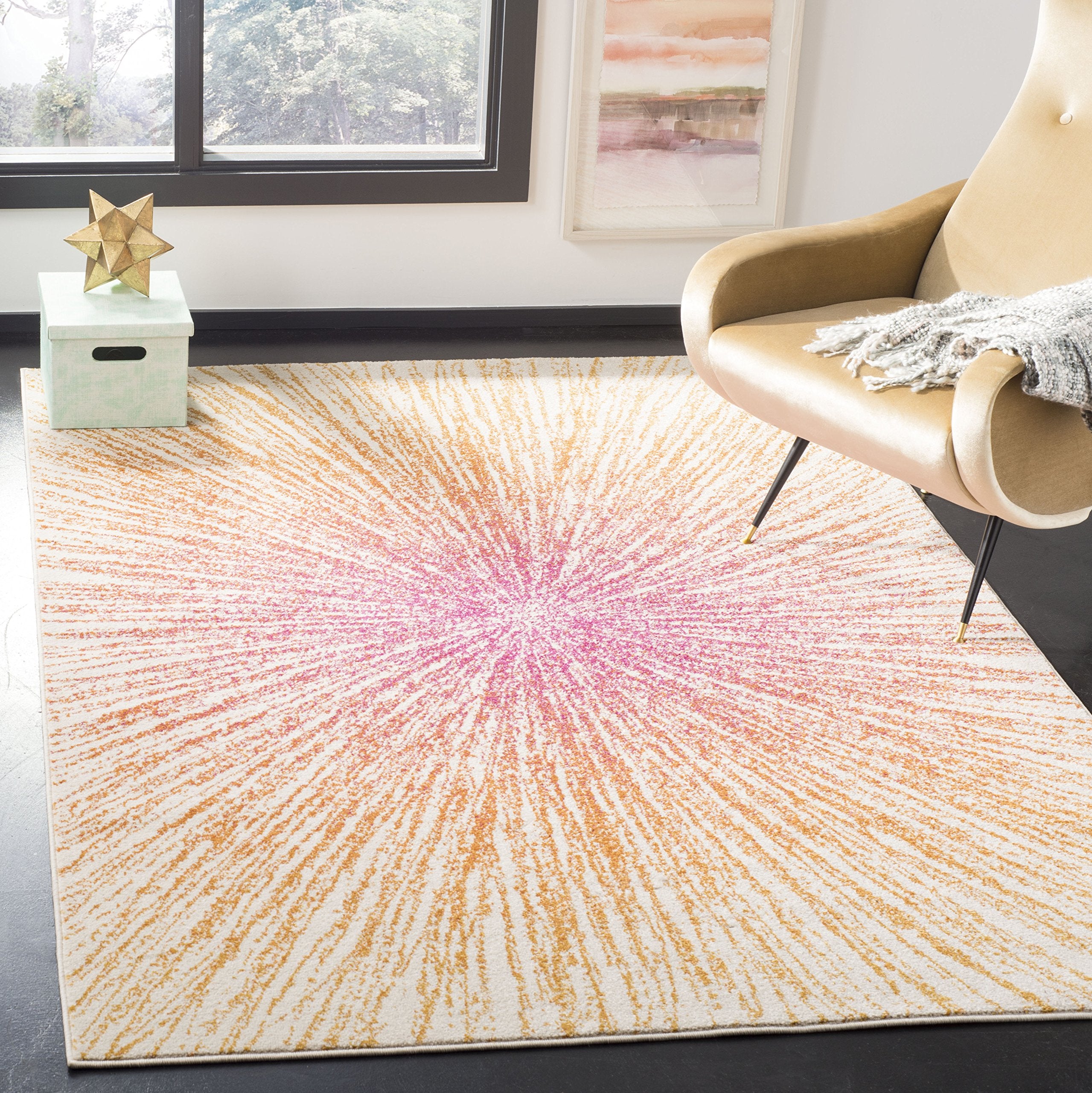 SAFAVIEH Evoke Collection 51 x 76 Fuchsia/Cream EVK228R Abstract Burst Non-Shedding Living Room Bedroom Area Rug
