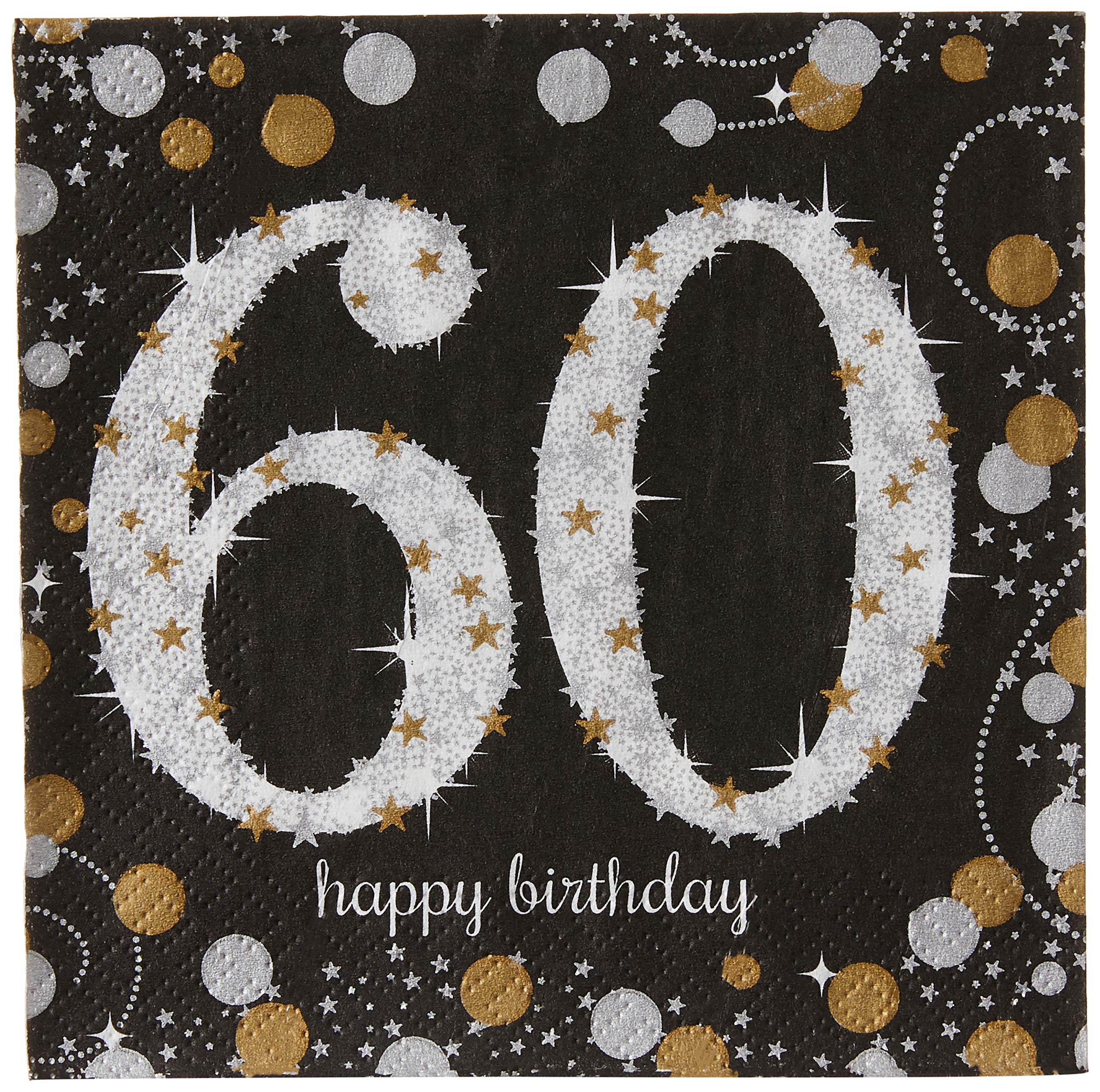 Sparkling Celebration 60Th Beverage Napkins (5'' X 5'') Packs Of 16 - Gold, Silver & Black Elegance - Perfect For 60Th Birthday