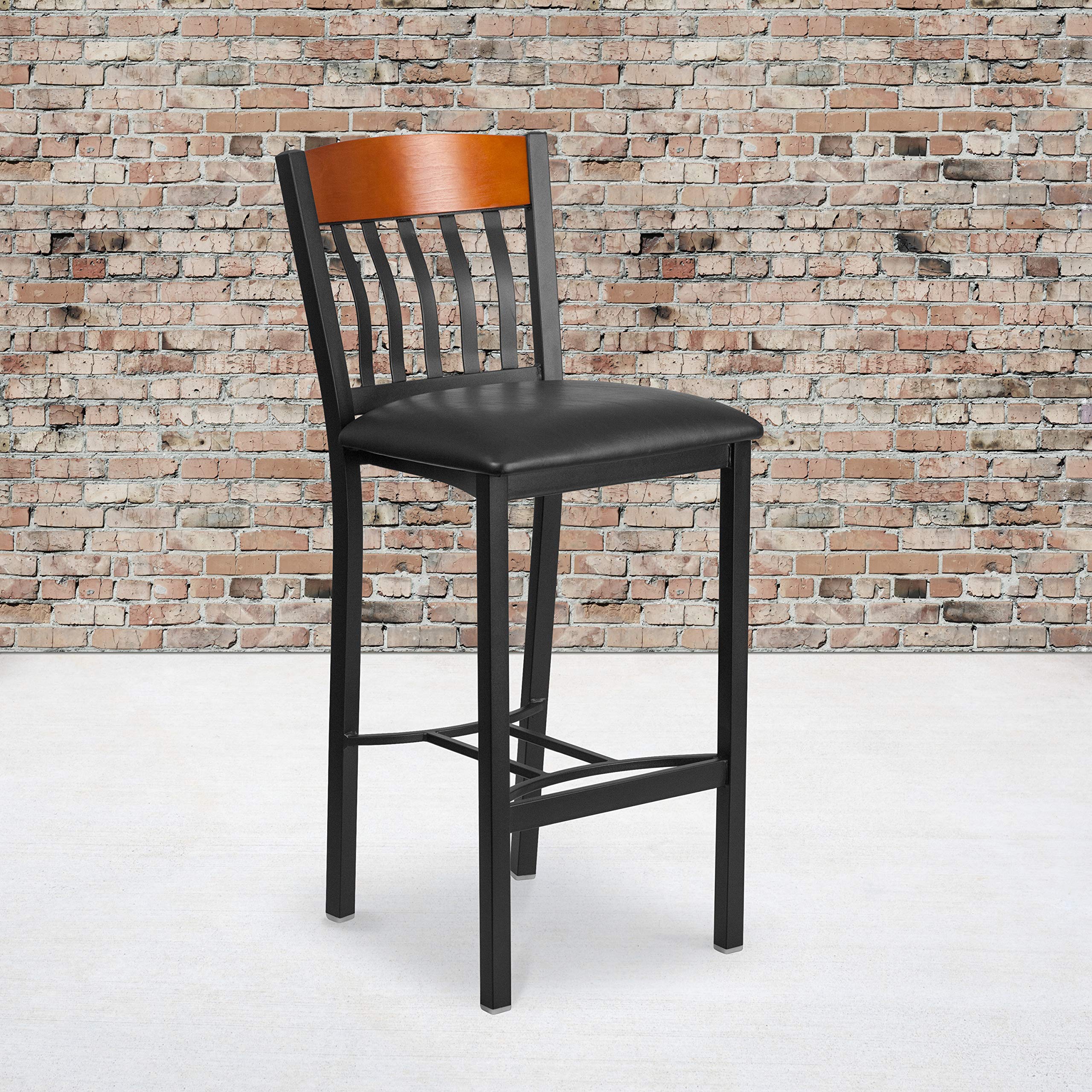 2 Pk. Vertical Back Black Metal and Cherry Wood Barstool with Black Vinyl Seat