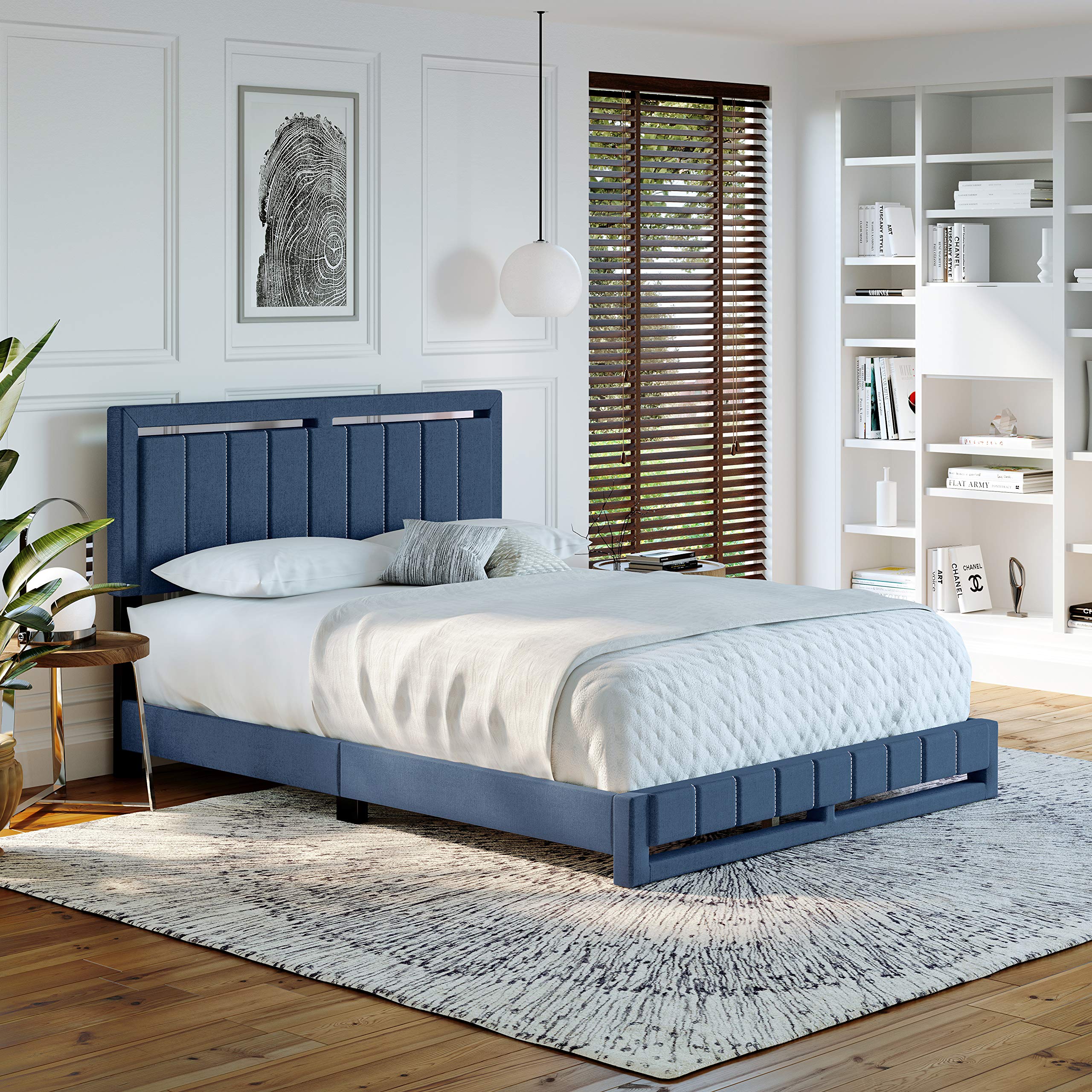 Boyd Sleep Beaumont Upholstered Platform Bed with Headboard, Mattress Foundation with Strong 14 Wood Slat Supports, No Box Spring Required, Blue Linen, Size Queen