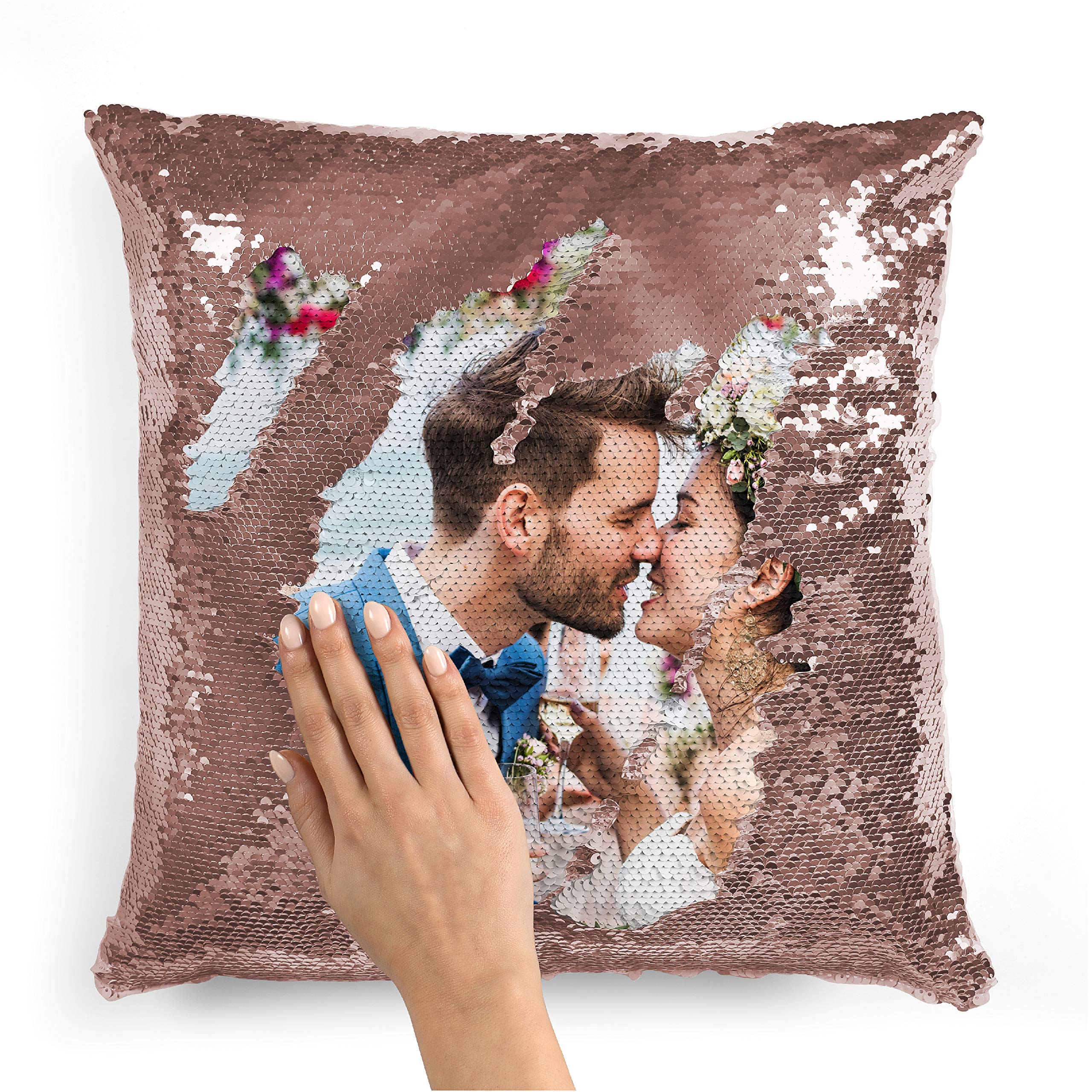 Personalized Favors Custom Photo Sequin Pillow Cases | Rose Gold Mermaid Cover W Any Picture | Magic Reversible Throw Pillowcase
